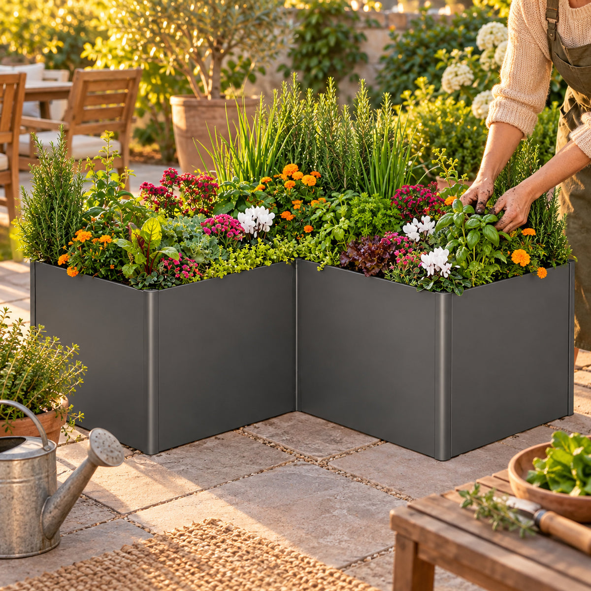 32-Inch-Tall L-Shaped Metal Raised Bed, 83 x 83 Inches in use in a home garden