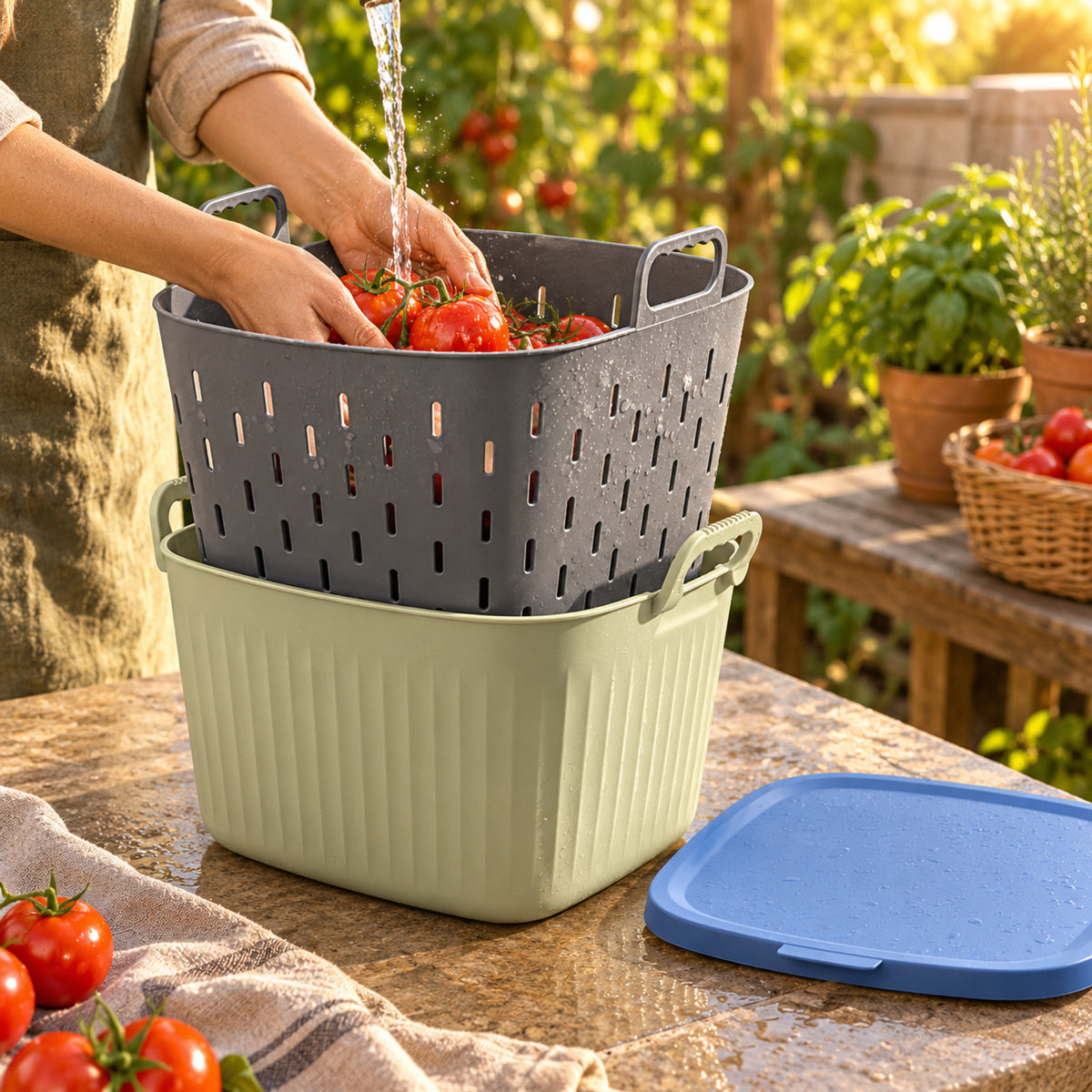8-Gallon Garden Tub, Strainer and Lid Kit in use in a home garden