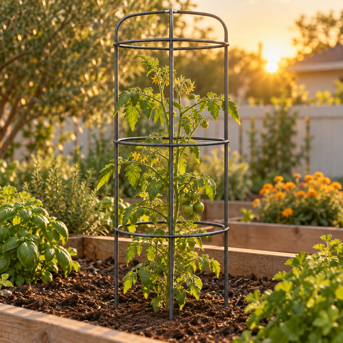 Adjustable Metal Trellis for Tomato Planter in use in a home garden