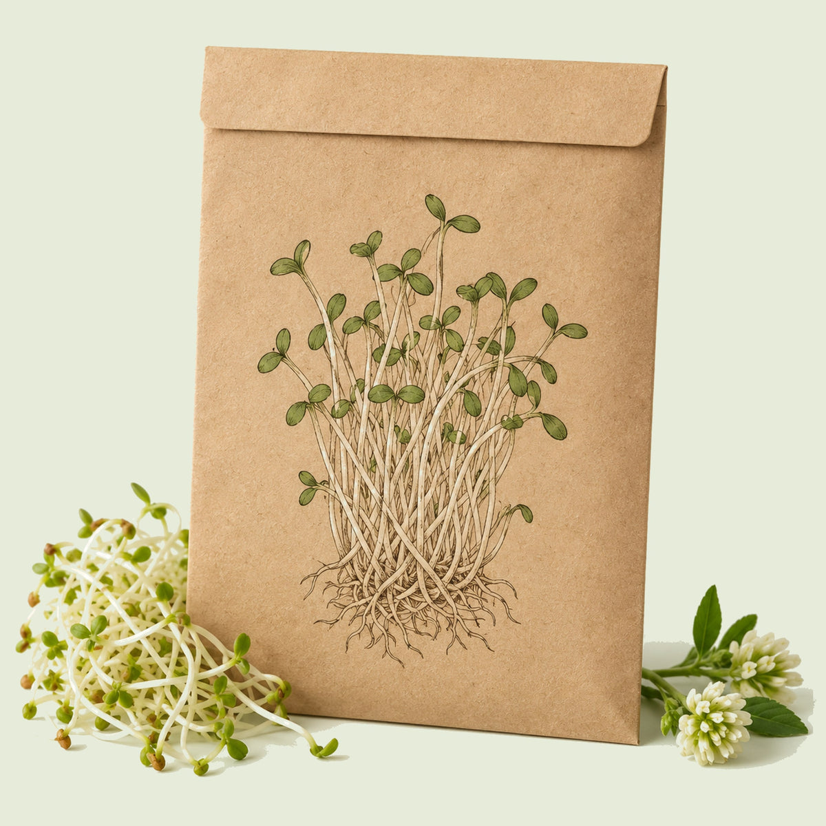 Kraft seed packet illustrated with Alfalfa Sprouting, with fresh Alfalfa Sprouting beside it