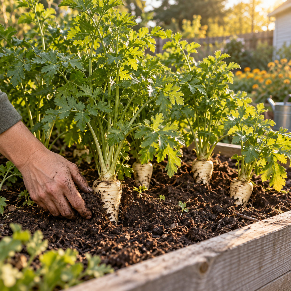 All American Parsnip Seeds growing in a home garden