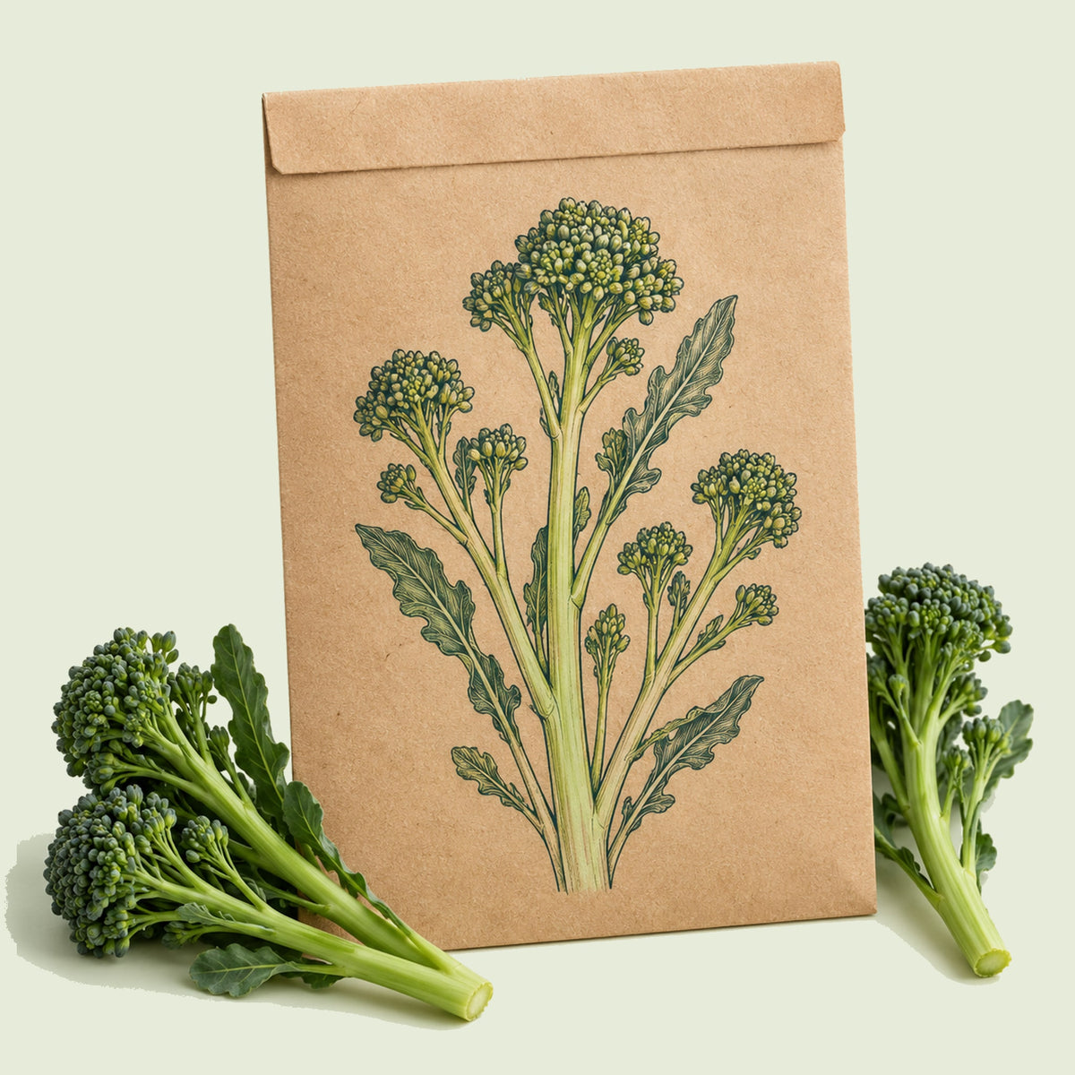 Kraft seed packet illustrated with Aspabroc Sprouting Broccoli, with fresh Aspabroc Sprouting Broccoli beside it