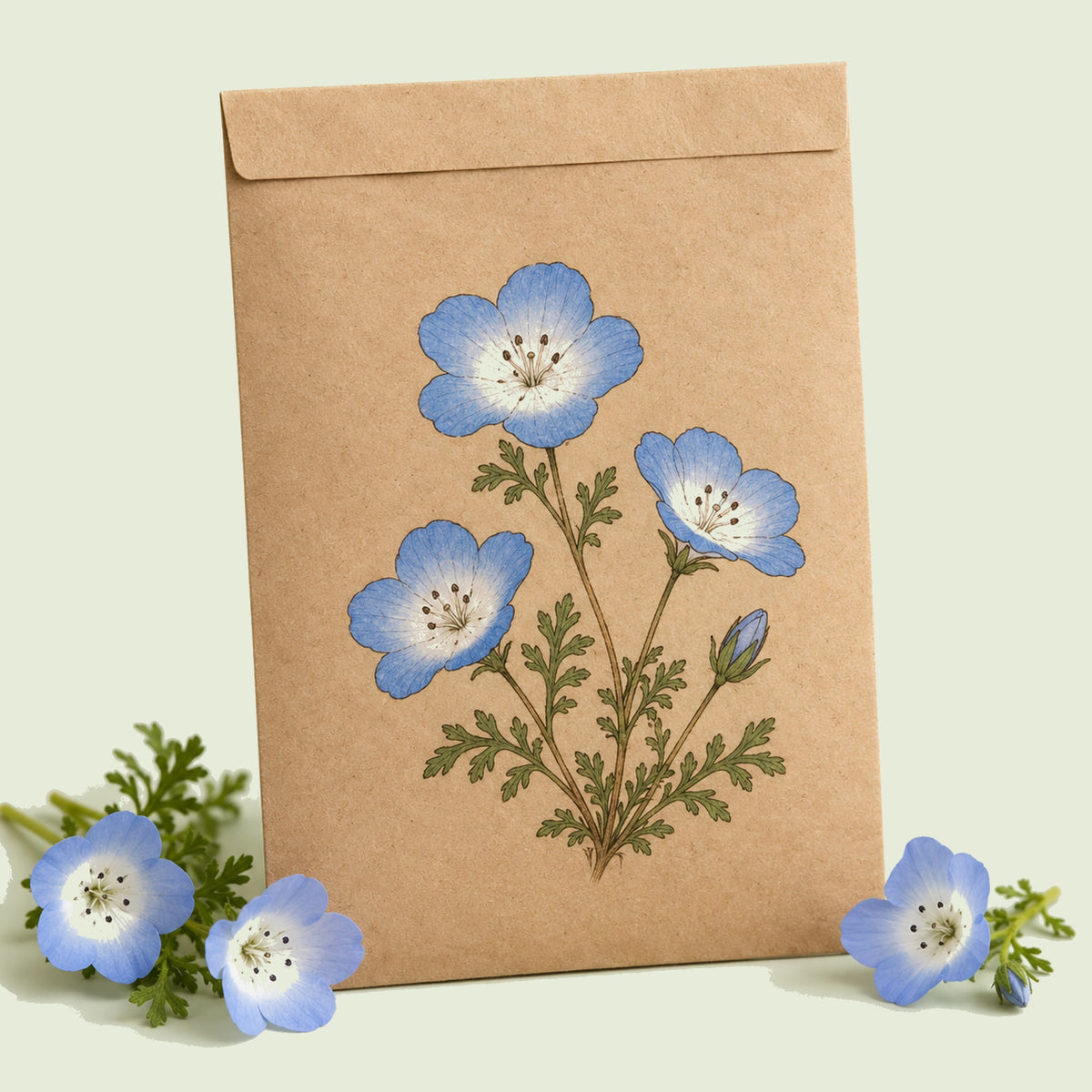 Kraft seed packet illustrated with Baby Blue Eyes, with fresh Baby Blue Eyes beside it