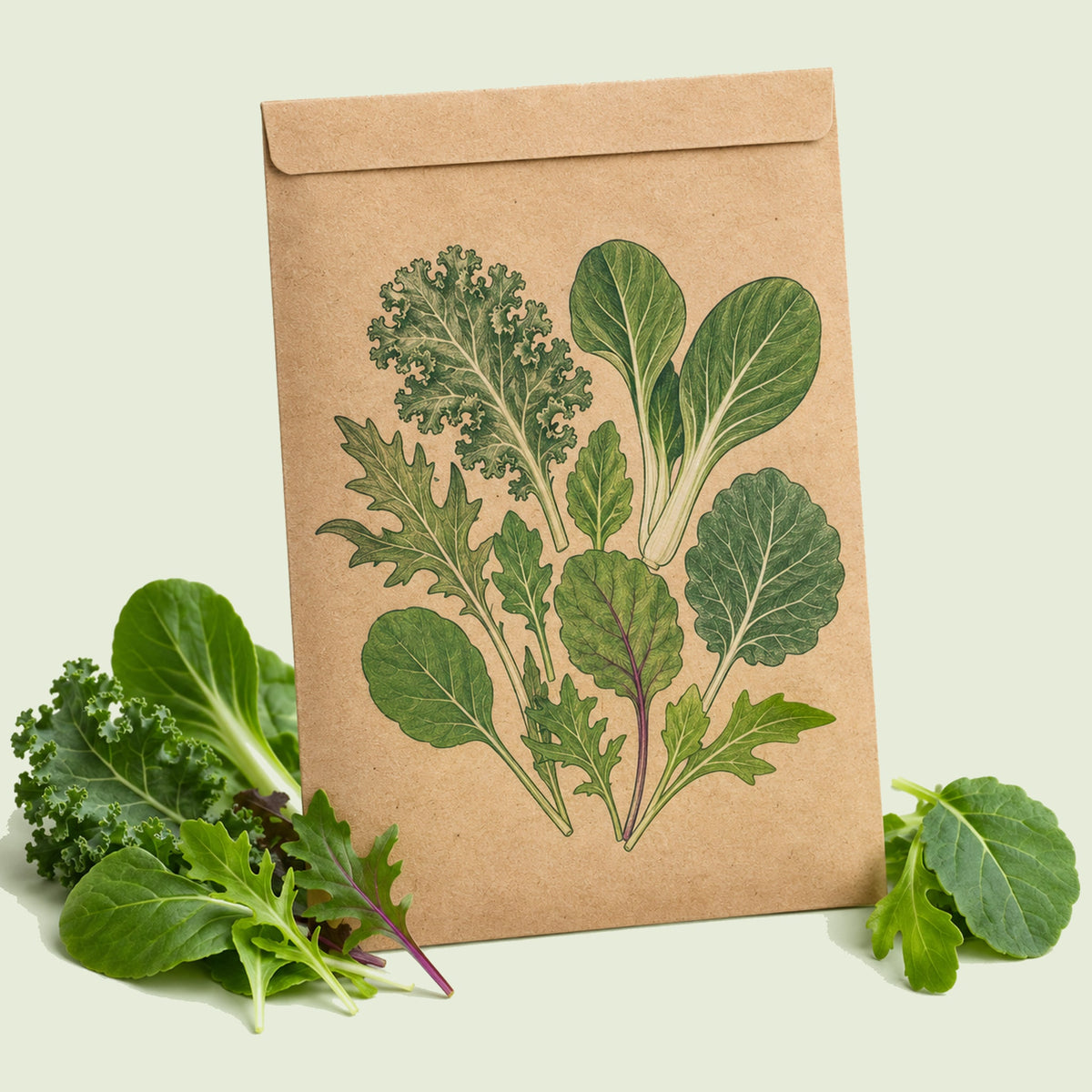 Kraft seed packet illustrated with Baby Greens Garden Mix, with fresh Baby Greens Garden Mix beside it