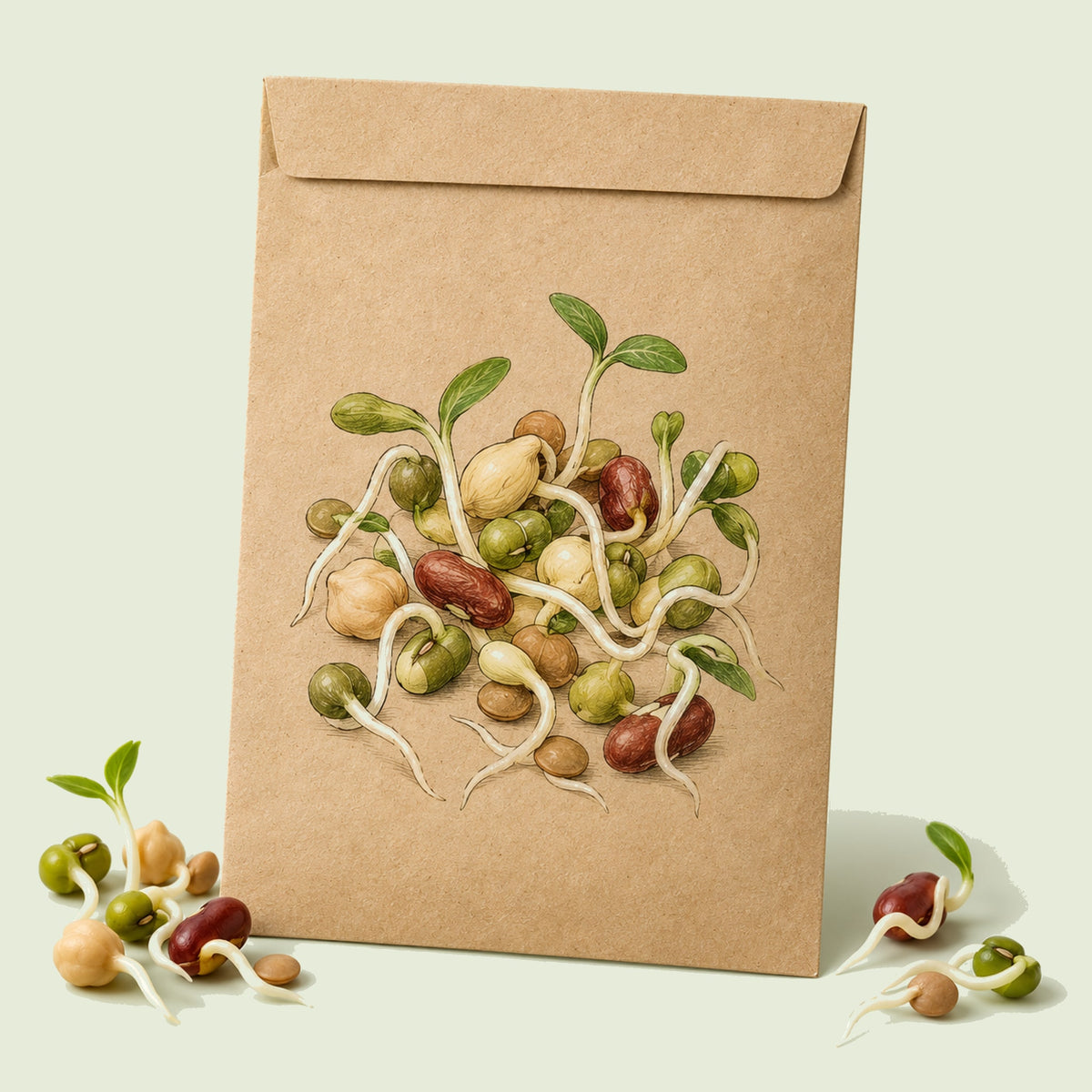 Kraft seed packet illustrated with Bean Mix Sprouting, with fresh Bean Mix Sprouting beside it
