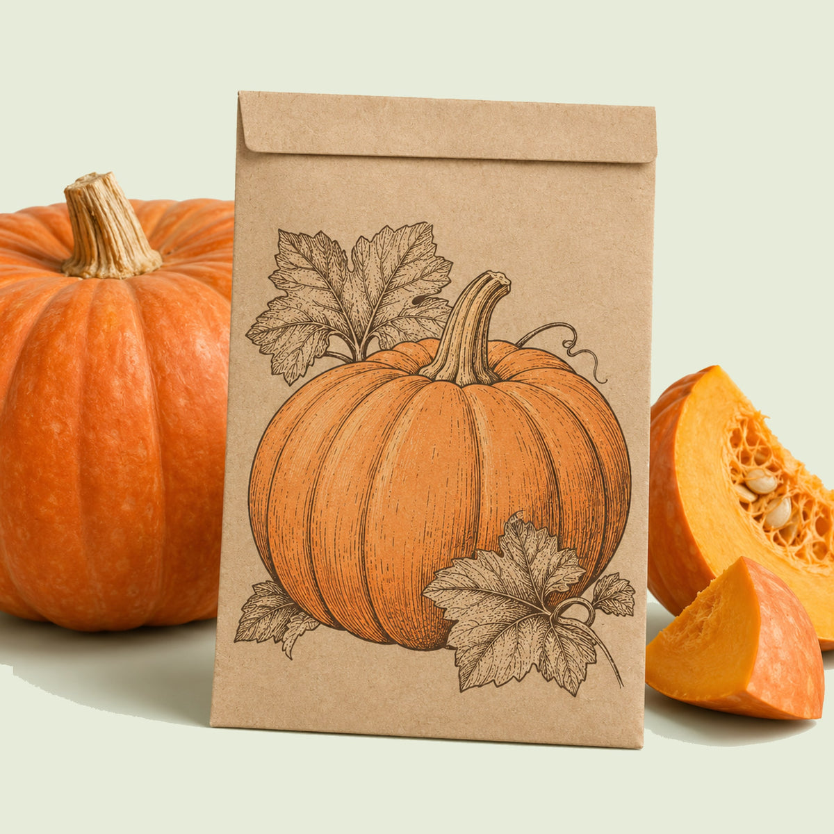 Kraft seed packet illustrated with Big Max Pumpkin, with fresh Big Max Pumpkin beside it