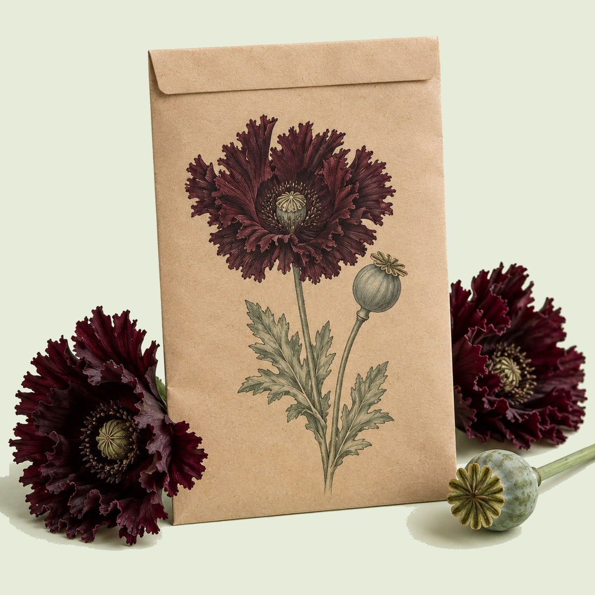 Kraft seed packet illustrated with Black Swan Poppy, with fresh Black Swan Poppy beside it