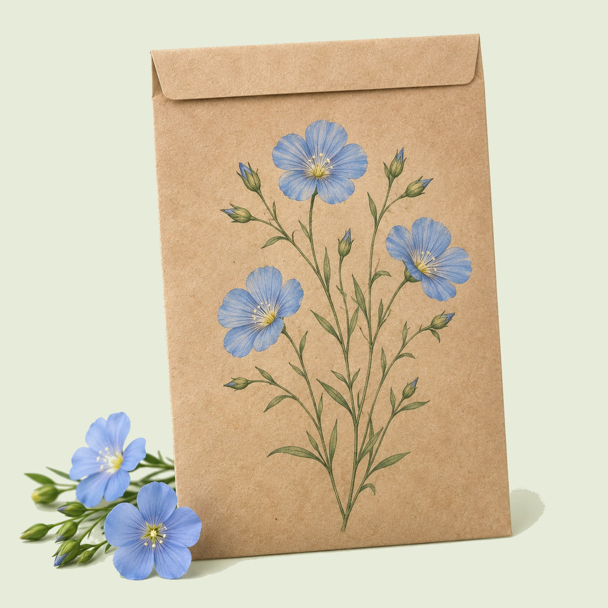 Kraft seed packet illustrated with Blue and Breezy Flax, with fresh Blue and Breezy Flax beside it