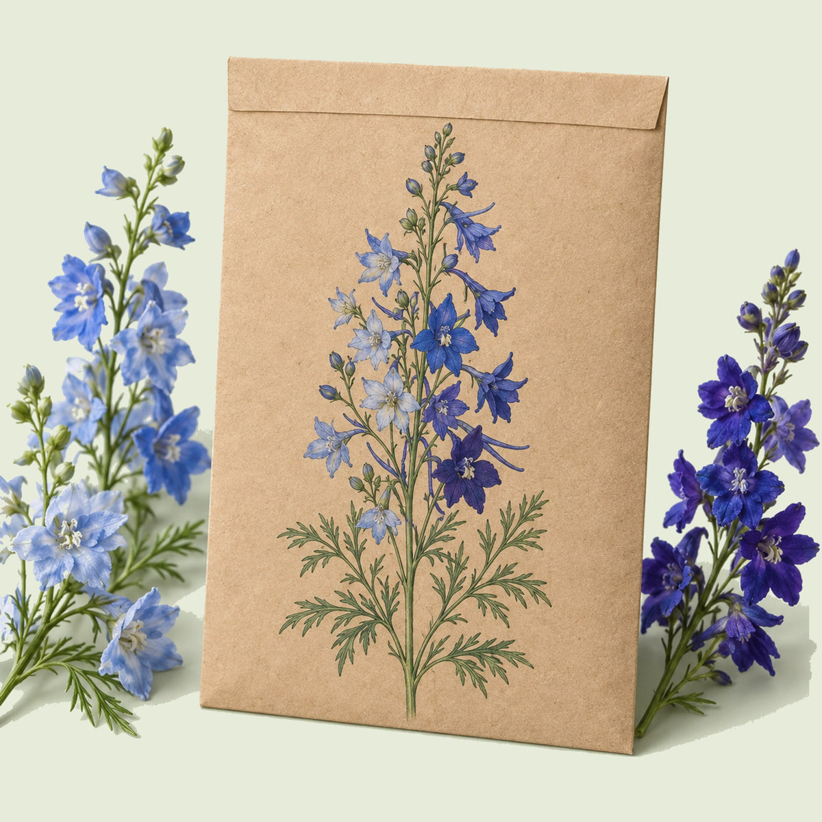 Kraft seed packet illustrated with Blue Larkspur Blend, with fresh Blue Larkspur Blend beside it