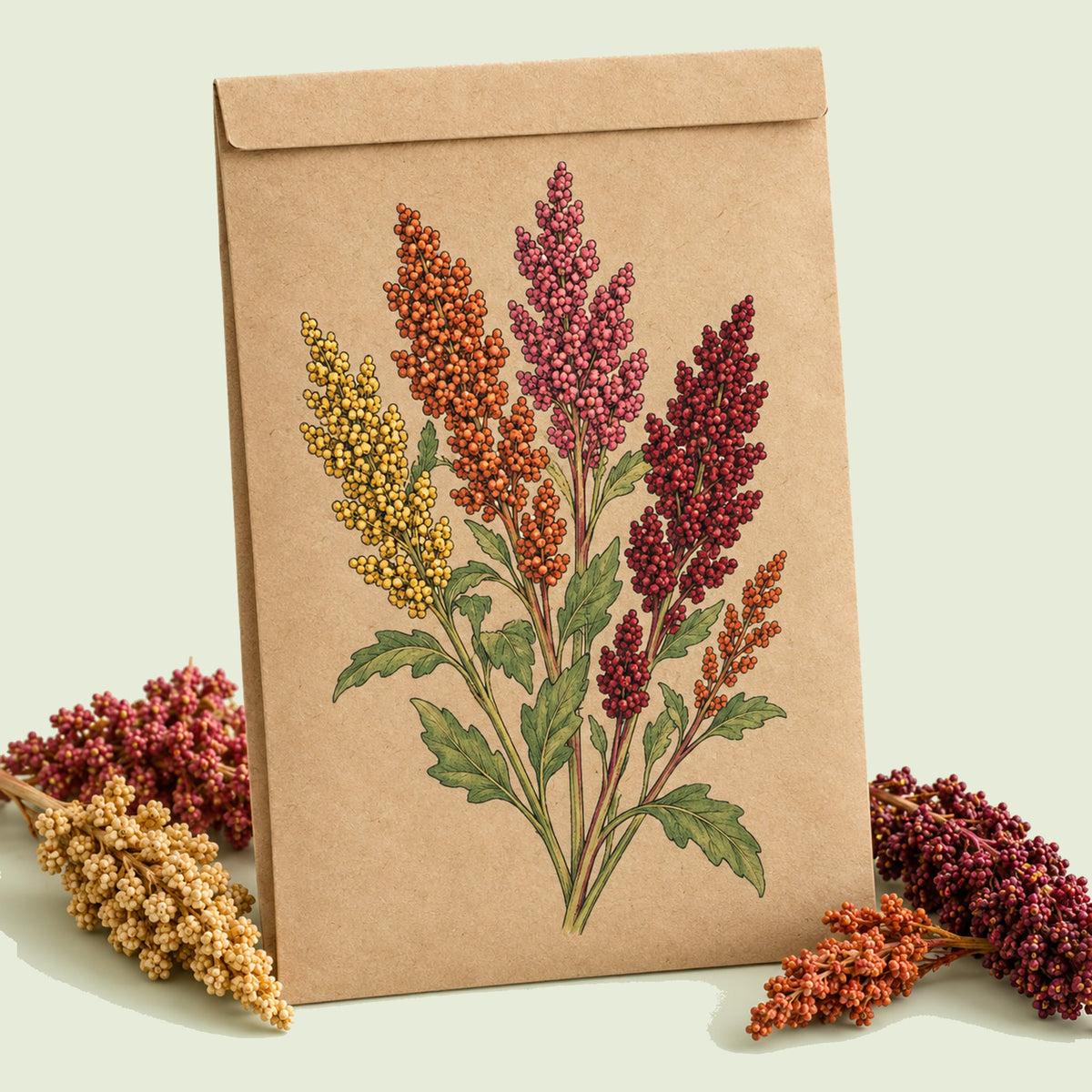 Kraft seed packet illustrated with Brightest Brilliant Rainbow Quinoa, with fresh Brightest Brilliant Rainbow Quinoa beside it