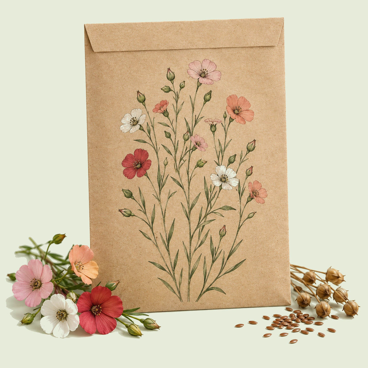 Kraft seed packet illustrated with Charmer Flax Blend, with fresh Charmer Flax Blend beside it