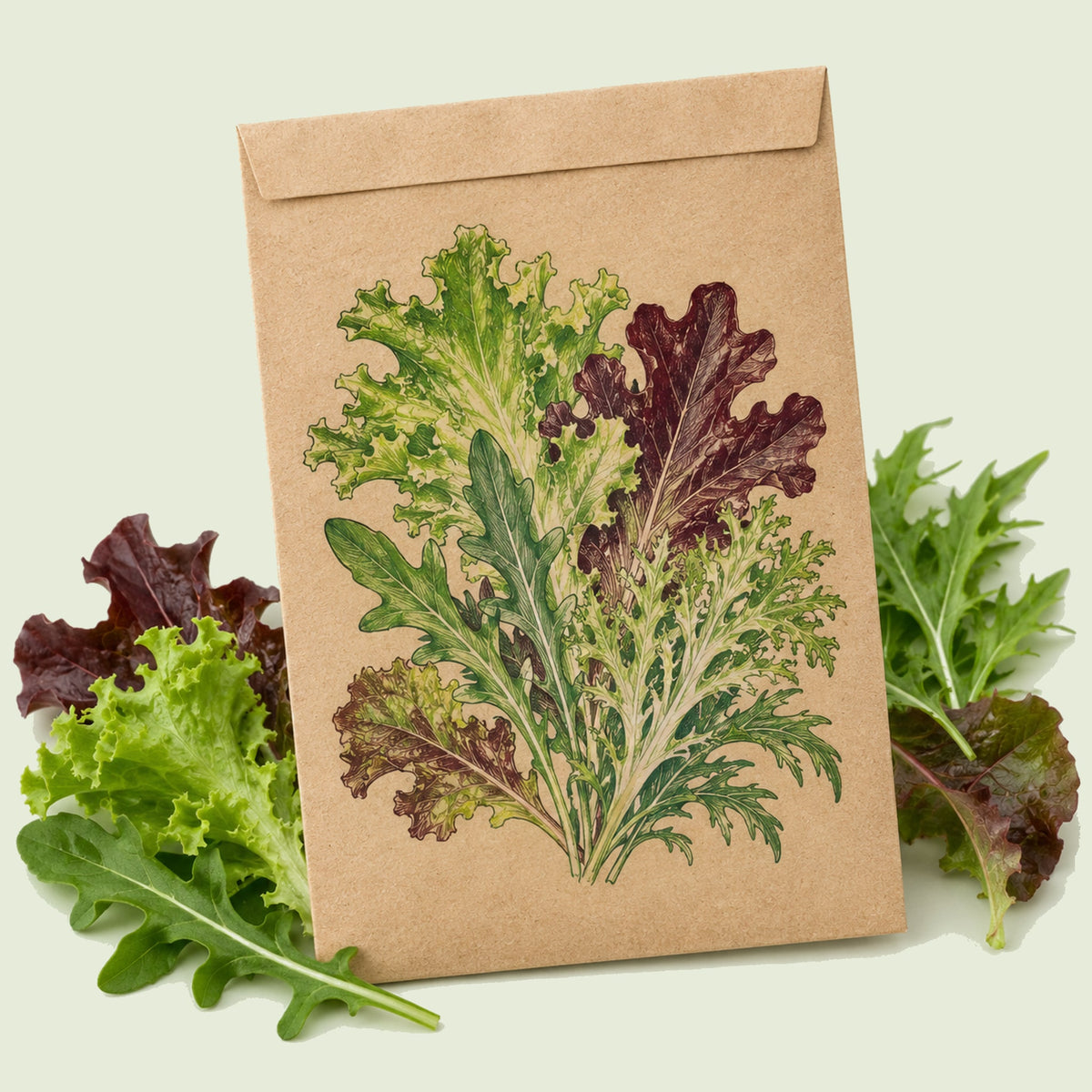 Kraft seed packet illustrated with Chef's Choice Mesclun Greens, with fresh Chef's Choice Mesclun Greens beside it