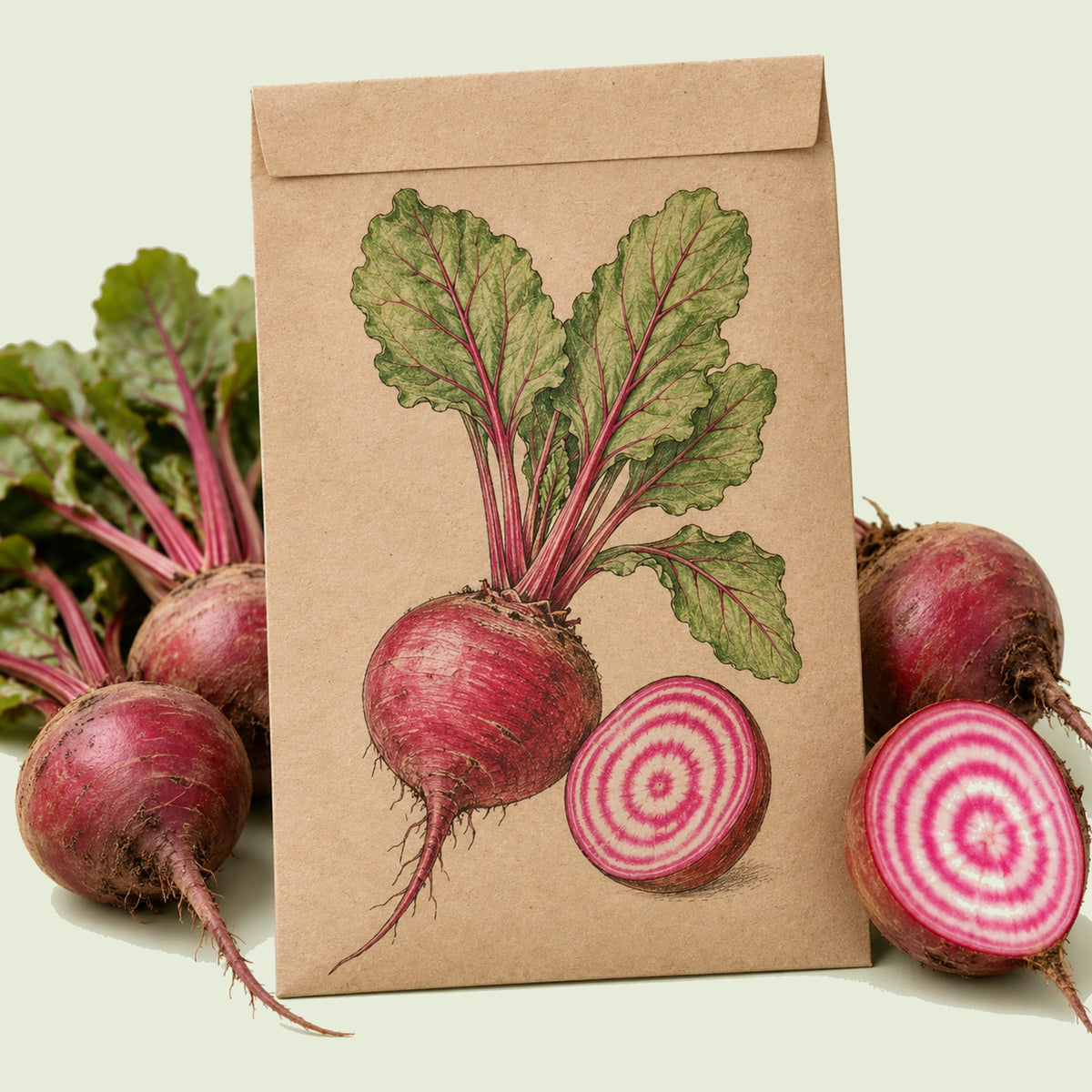 Kraft seed packet illustrated with Chioggia Beet, with fresh Chioggia Beet beside it