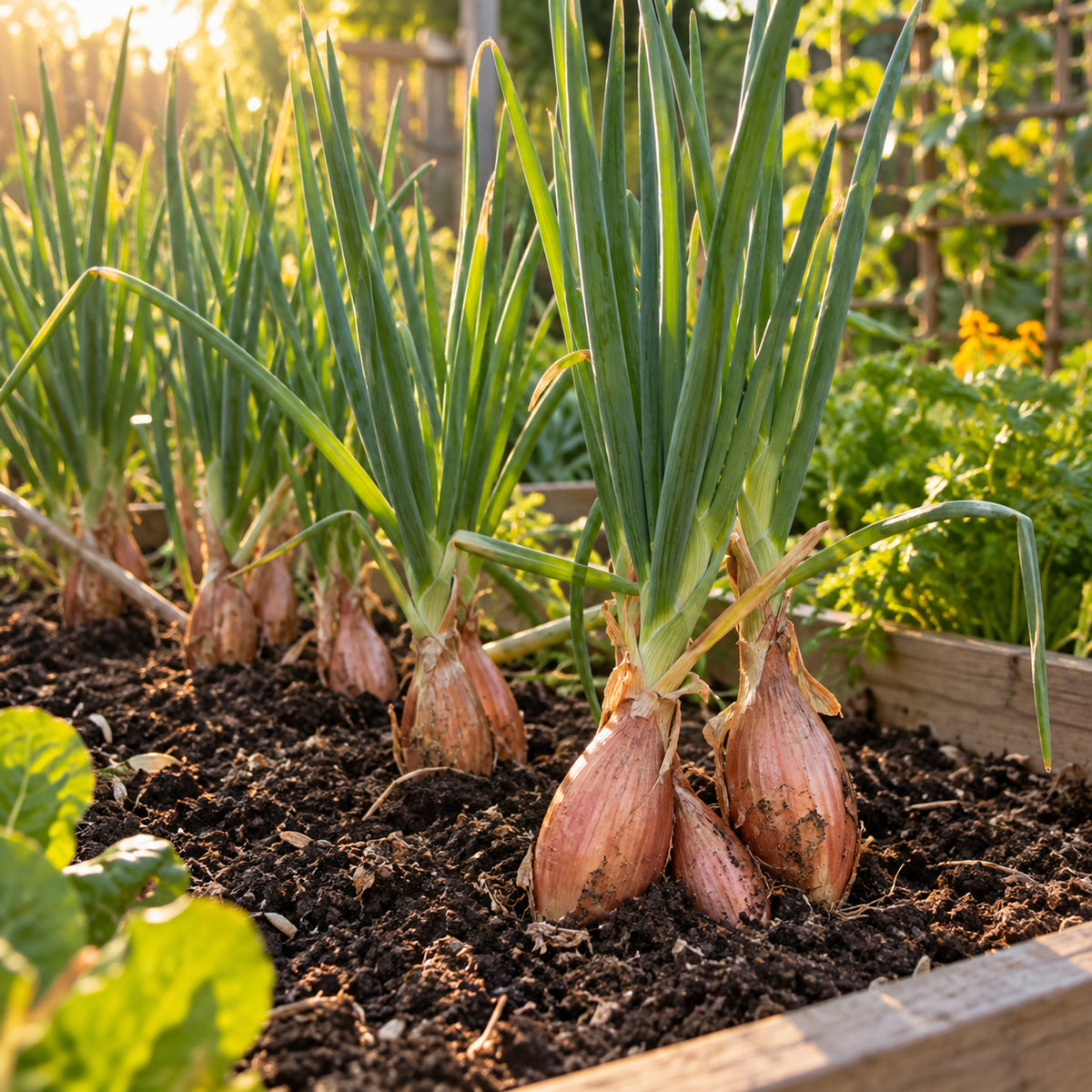 Copper Pink Shallot Onion Seeds growing in a home garden