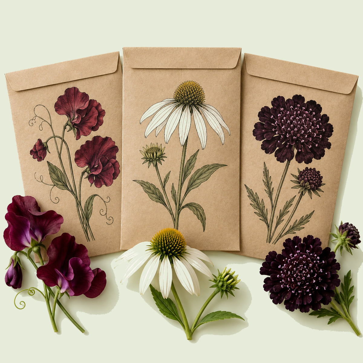 Kraft seed packet illustrated with Dark Bloom Flower Seed Bundle, with fresh Dark Bloom Flower Seed Bundle beside it