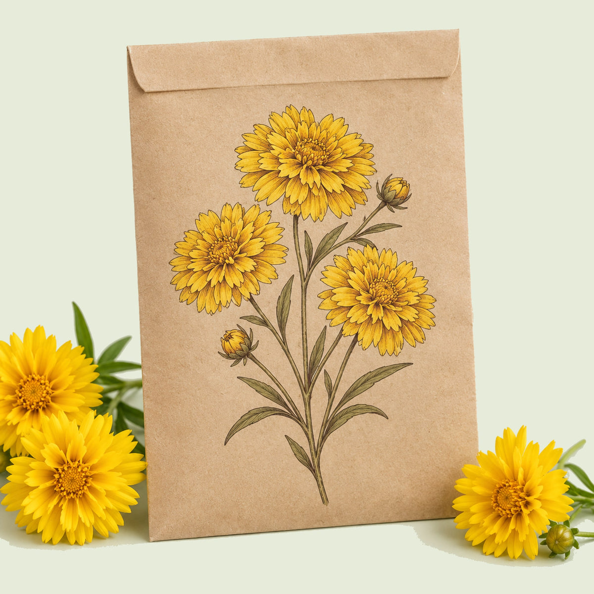 Kraft seed packet illustrated with Double Sunburst Coreopsis, with fresh Double Sunburst Coreopsis beside it