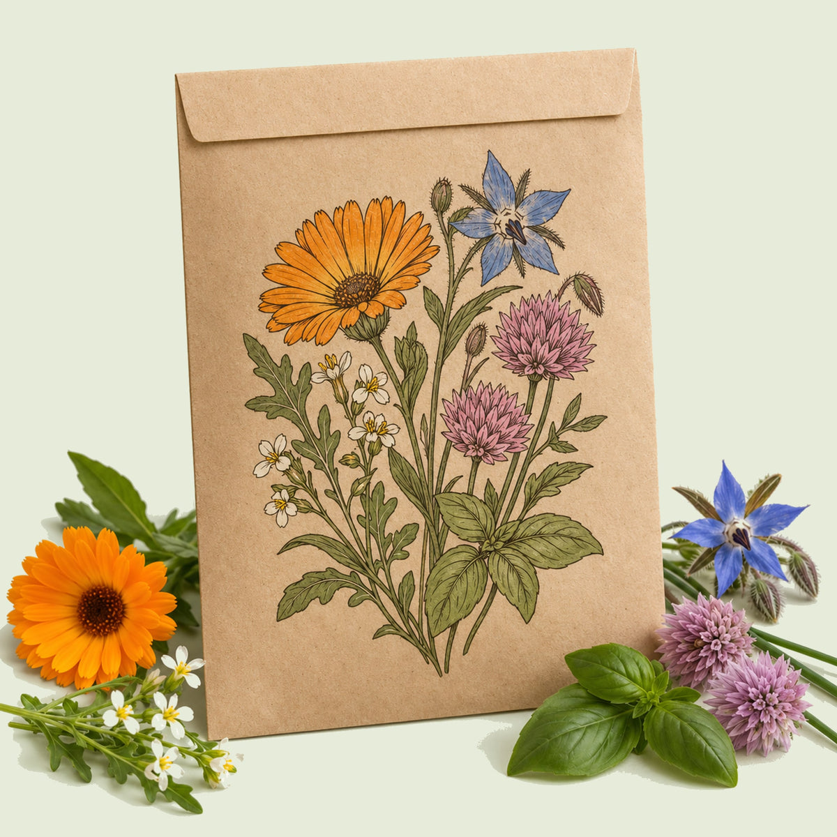 Kraft seed packet illustrated with Edible Flower And Herb Mix, with fresh Edible Flower And Herb Mix beside it