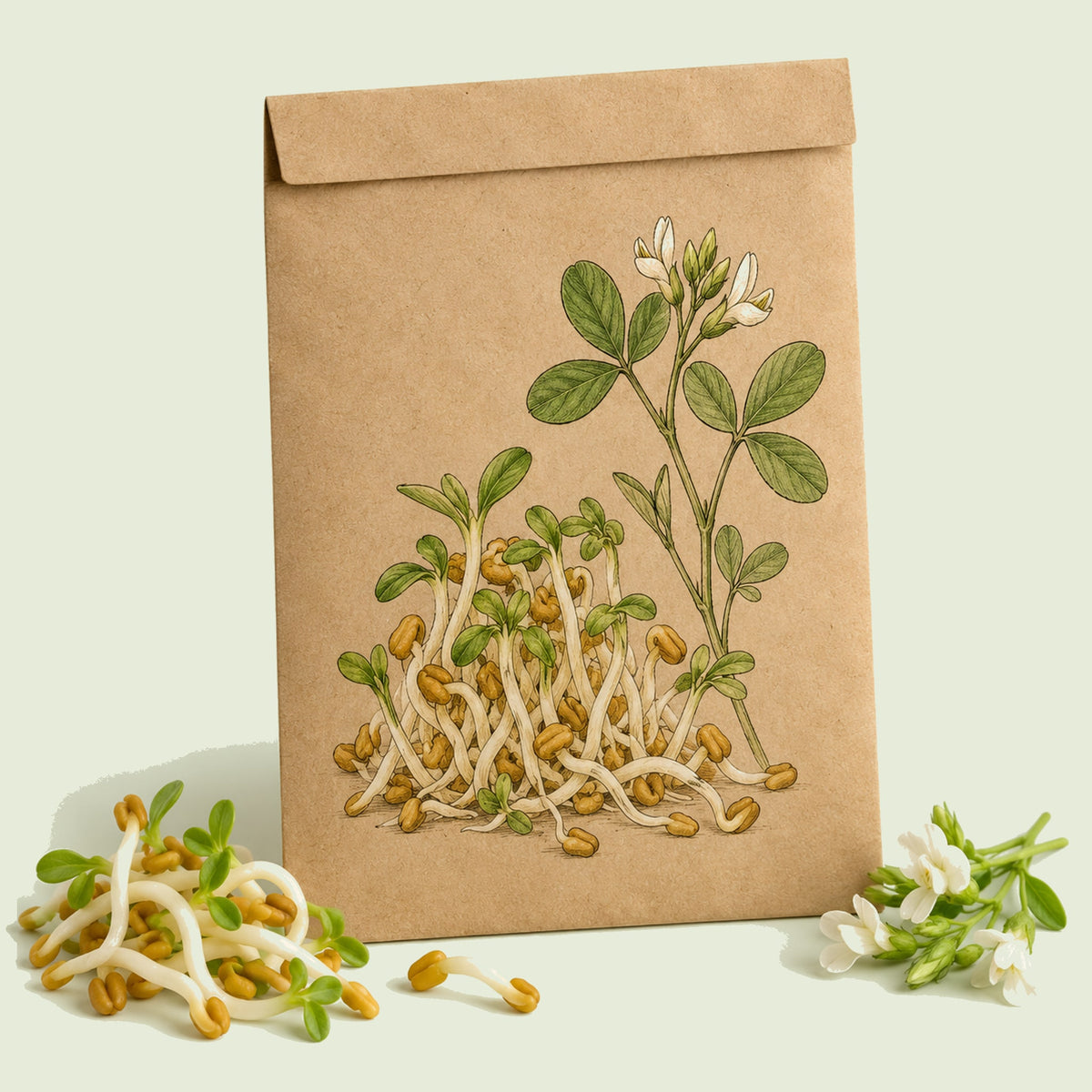 Kraft seed packet illustrated with Fenugreek Sprouts, with fresh Fenugreek Sprouts beside it