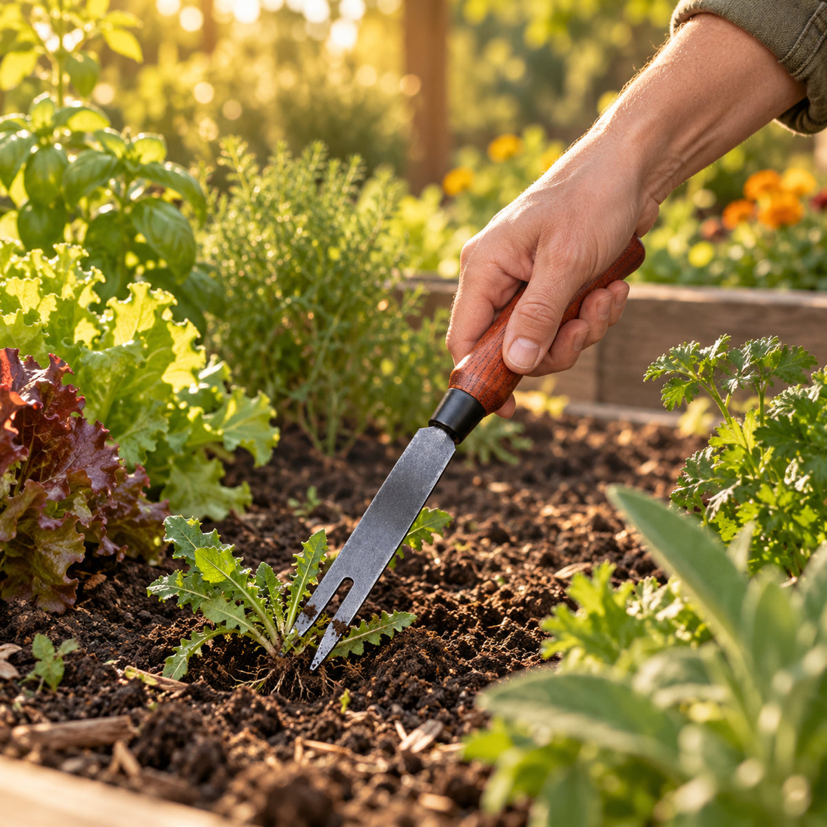 Fork-Tip Garden Weeder in use in a home garden