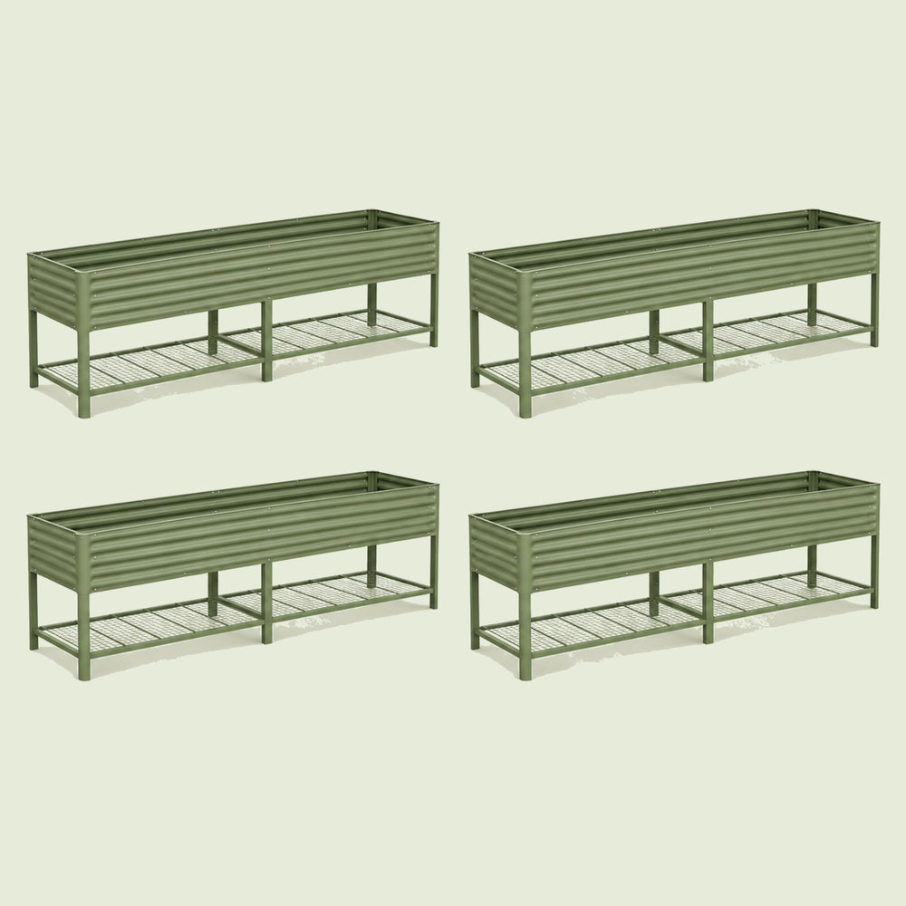 Four-Pack of Elevated Garden Beds, 2.5 x 10 Feet on a soft green background