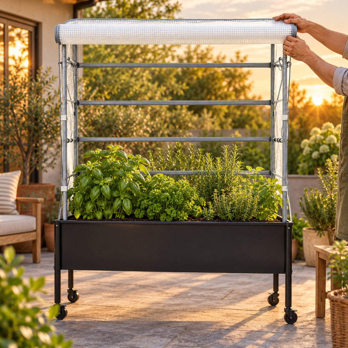 Frost Cover and Trellis for Elevated Beds in use in a home garden