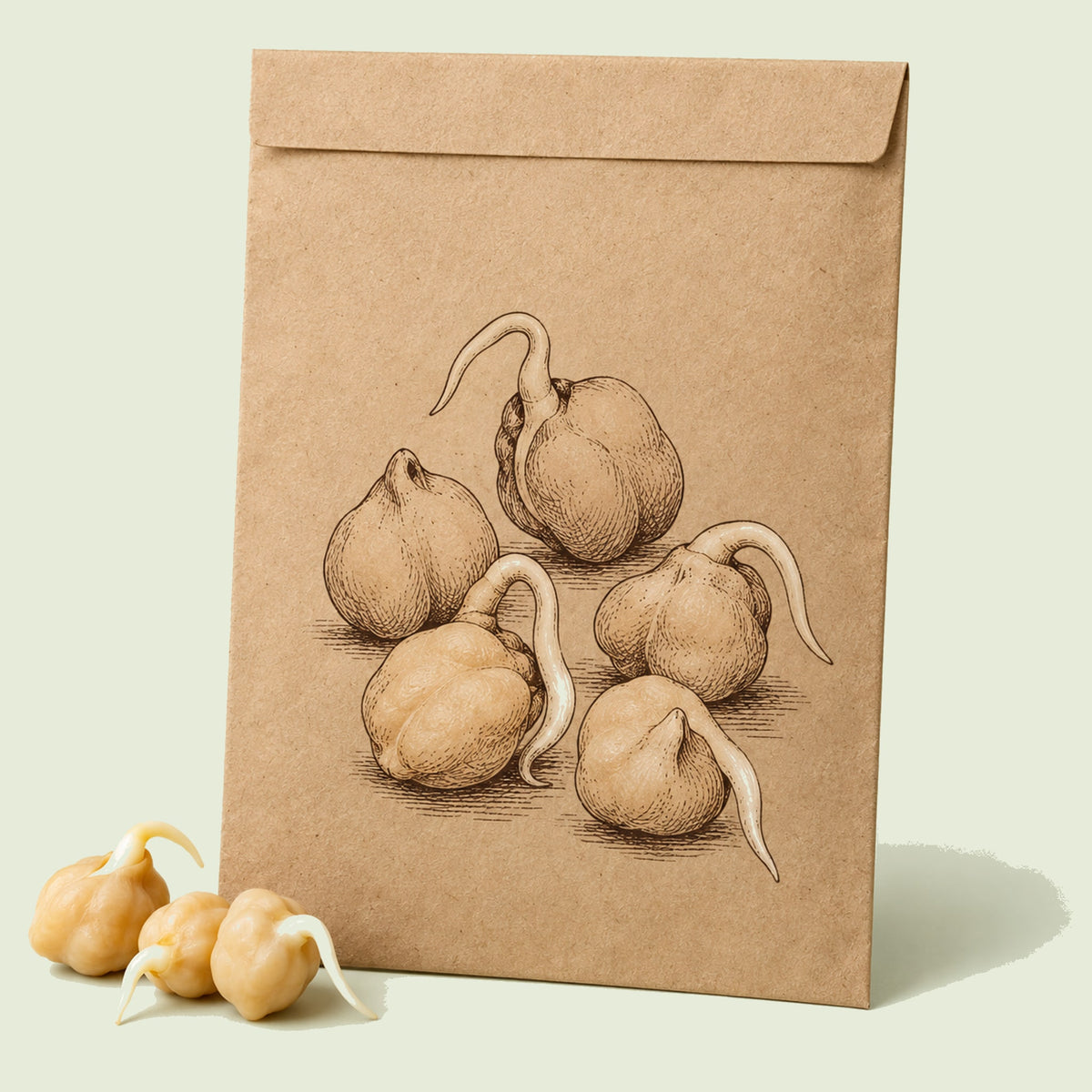 Kraft seed packet illustrated with Garbanzo Bean Sprouts, with fresh Garbanzo Bean Sprouts beside it
