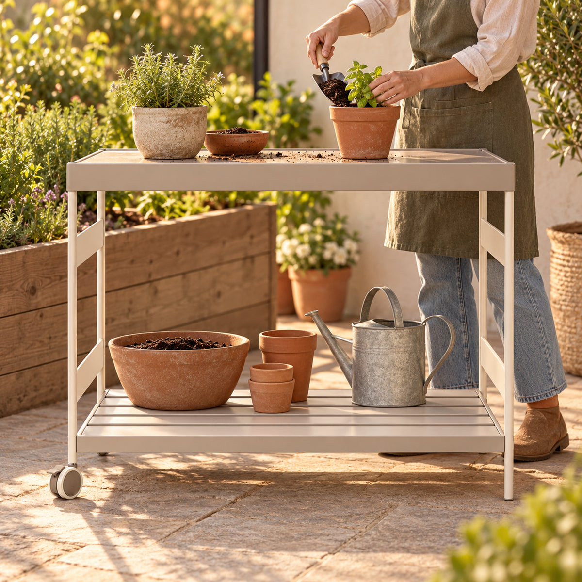 Garden Workstation Table in use in a home garden