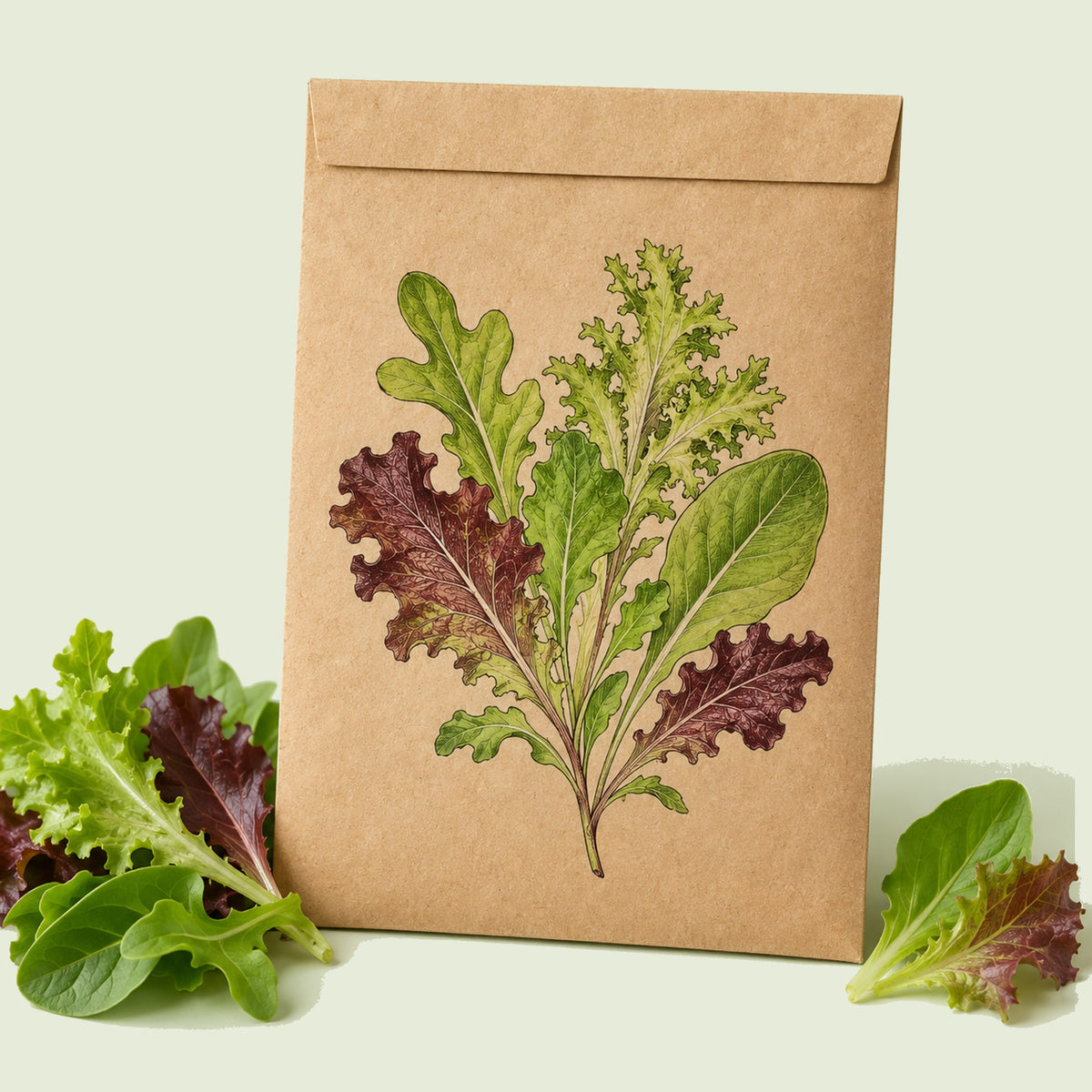 Kraft seed packet illustrated with Gourmet Baby Greens Lettuce Blend, with fresh Gourmet Baby Greens Lettuce Blend beside it