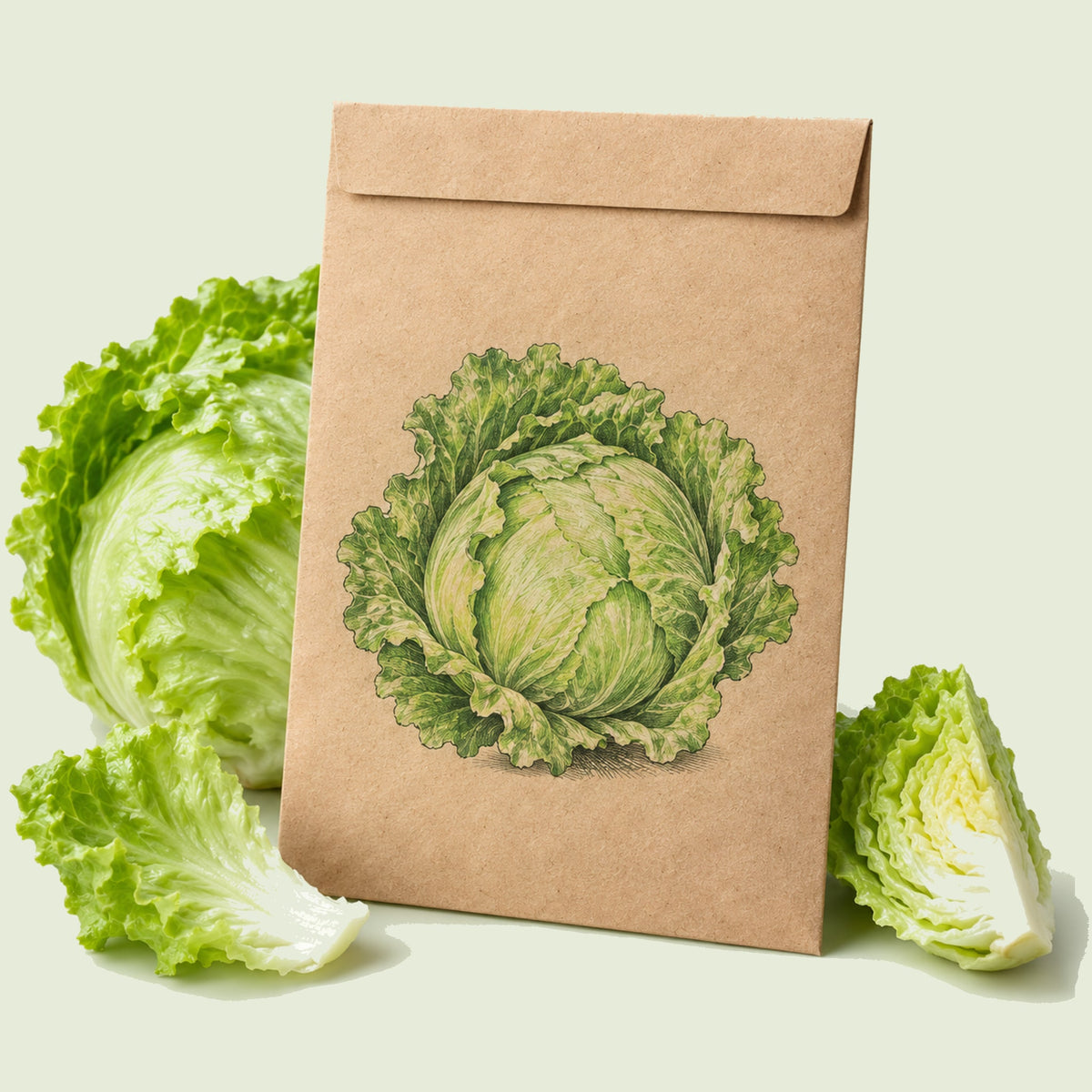 Kraft seed packet illustrated with Great Lakes 118 Crisphead Lettuce, with fresh Great Lakes 118 Crisphead Lettuce beside it