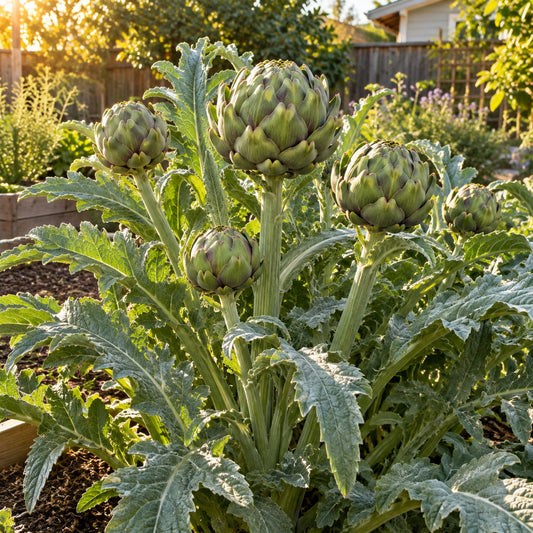 Green Globe Improved Artichoke Seeds growing in a home garden
