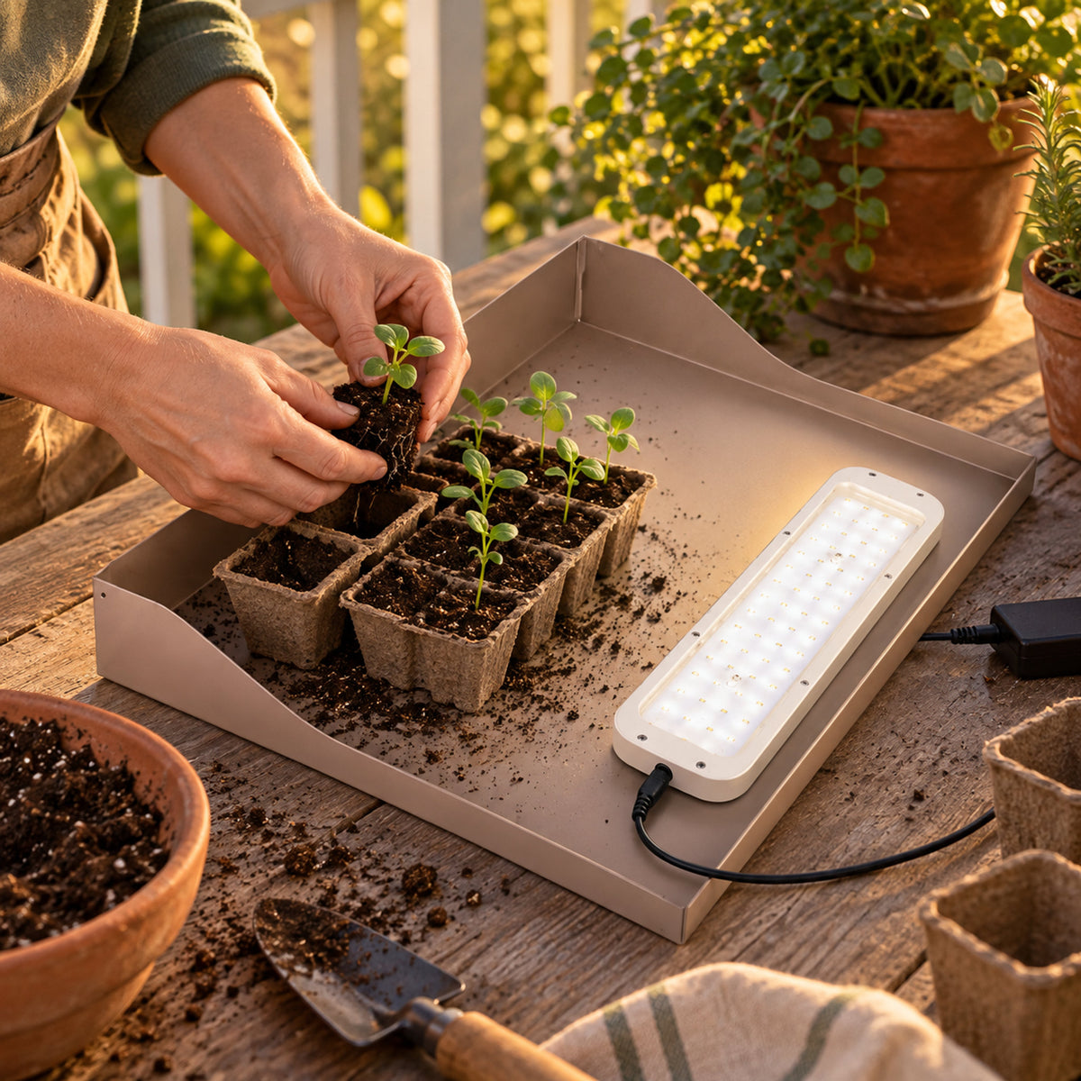 Grow Light and Potting Tray Conversion Kit in use in a home garden
