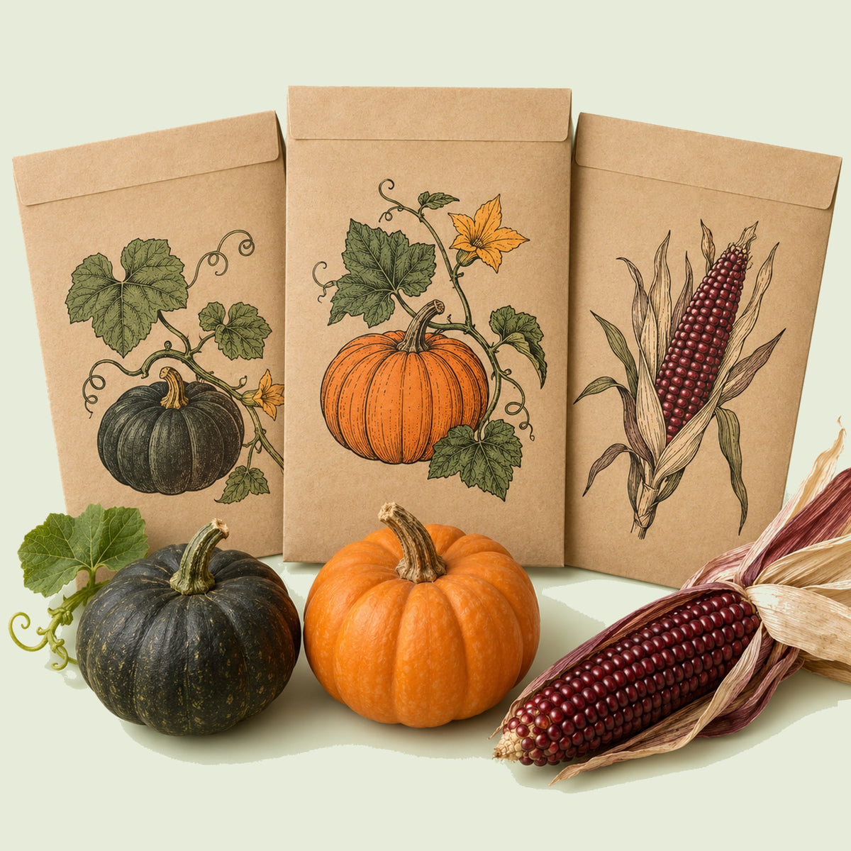 Kraft seed packet illustrated with Halloween Garden Seed Bundle, with fresh Halloween Garden Seed Bundle beside it