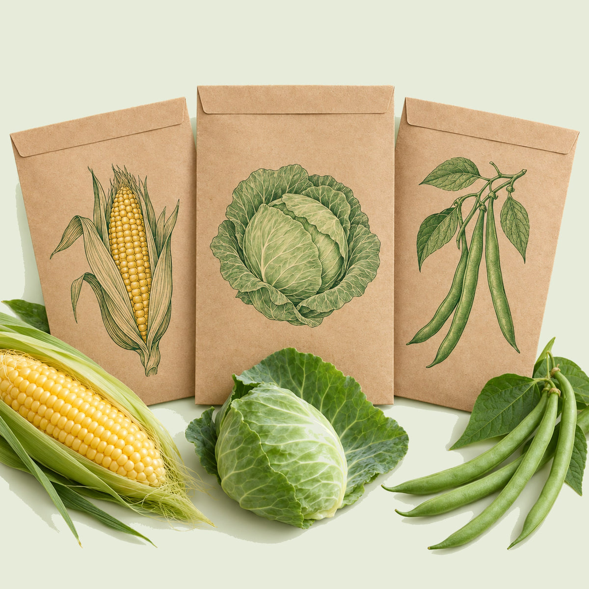Kraft seed packet illustrated with Homestead Vegetable Seed Bundle, with fresh Homestead Vegetable Seed Bundle beside it