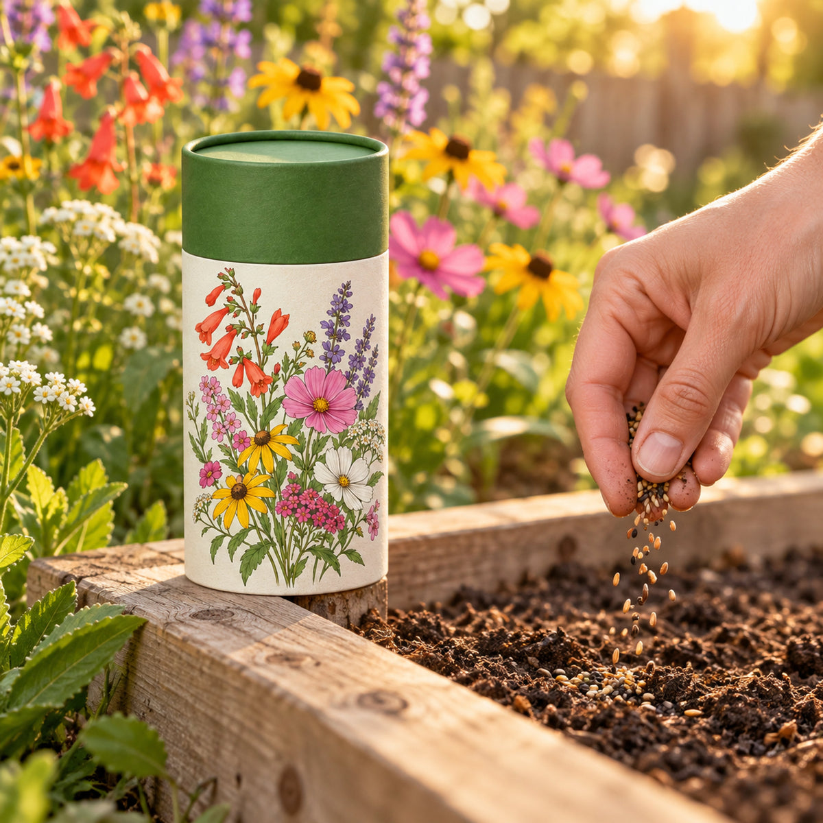 Hummingbird Flower Mix Seed Shaker in use in a home garden