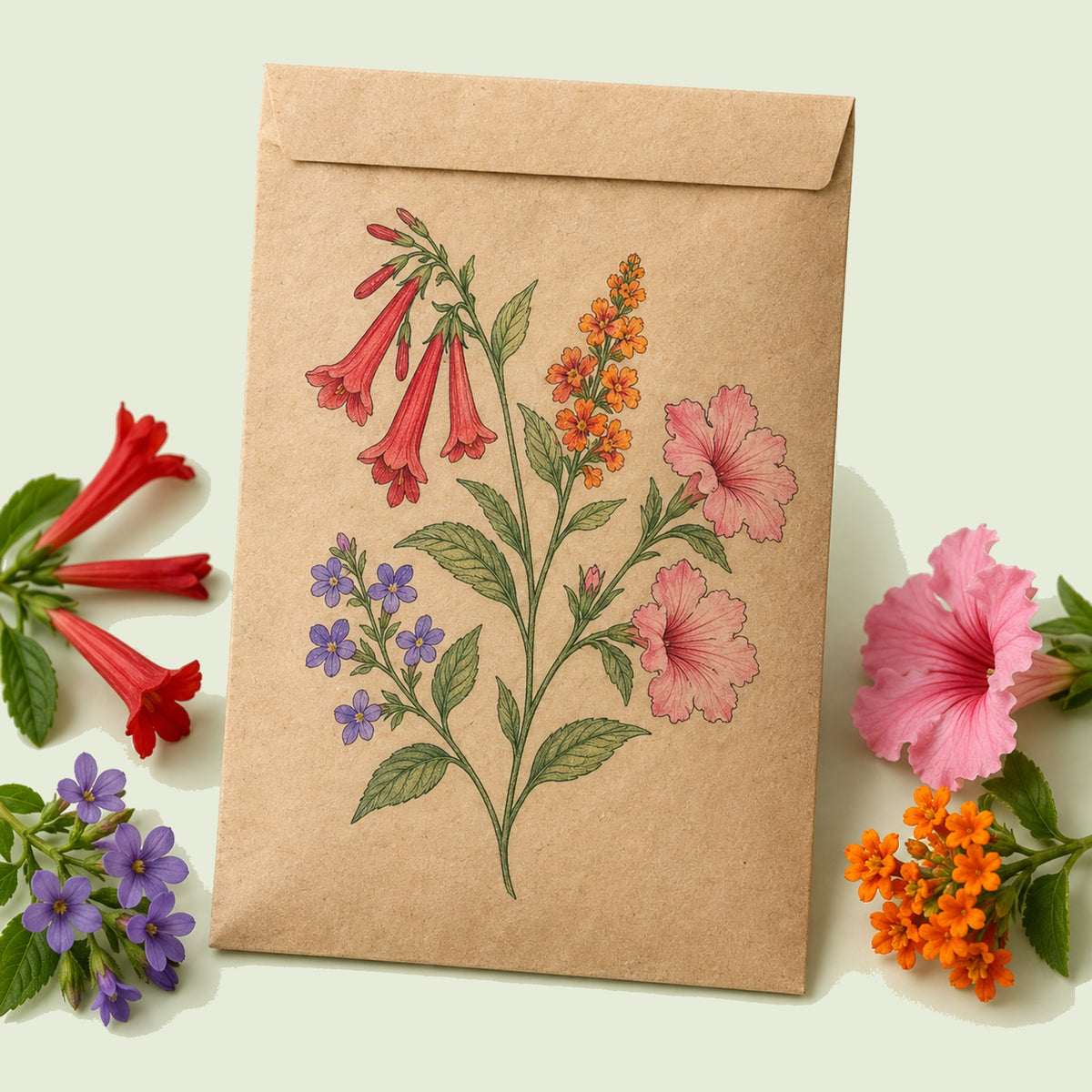 Kraft seed packet illustrated with Hummingbird Flower Mix, with fresh Hummingbird Flower Mix beside it