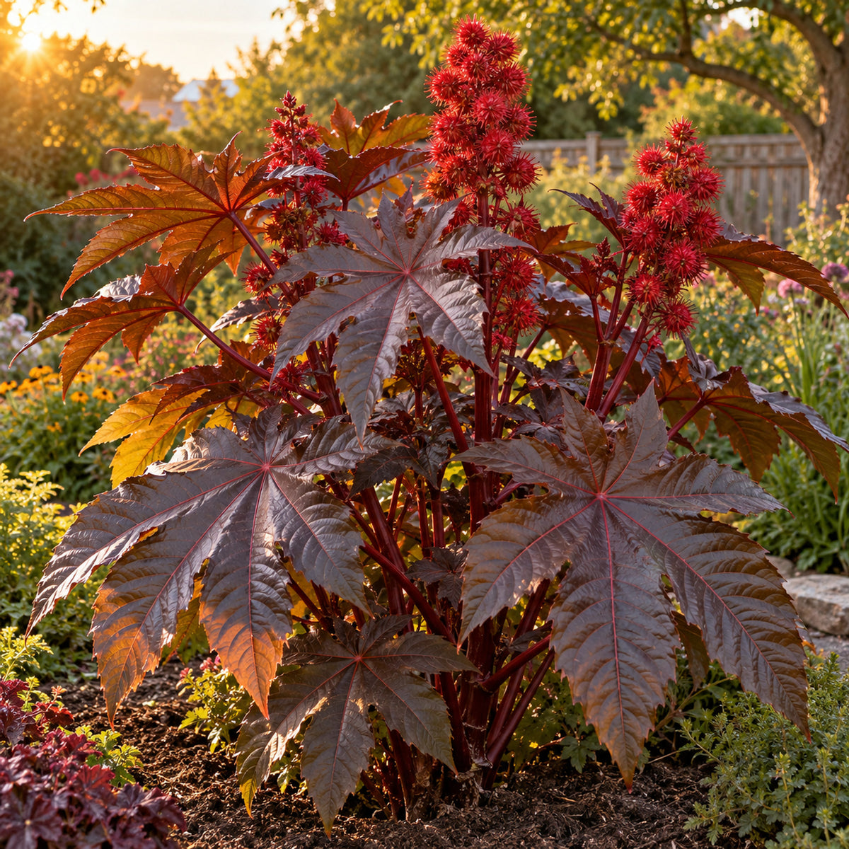 Impala Bronze Castor Bean Seeds growing in a home garden
