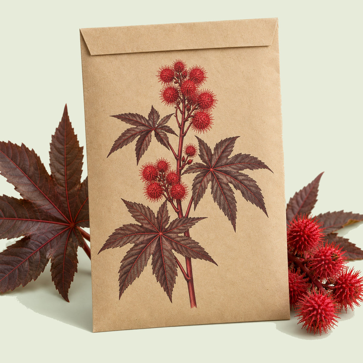 Kraft seed packet illustrated with Impala Bronze Castor Bean, with fresh Impala Bronze Castor Bean beside it
