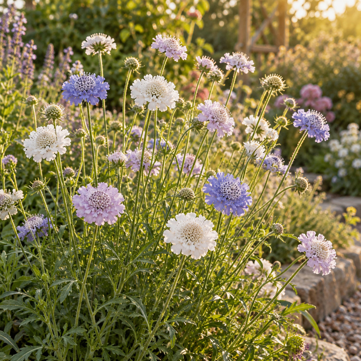 Isaac House Pincushion Flower Mix Seeds growing in a home garden