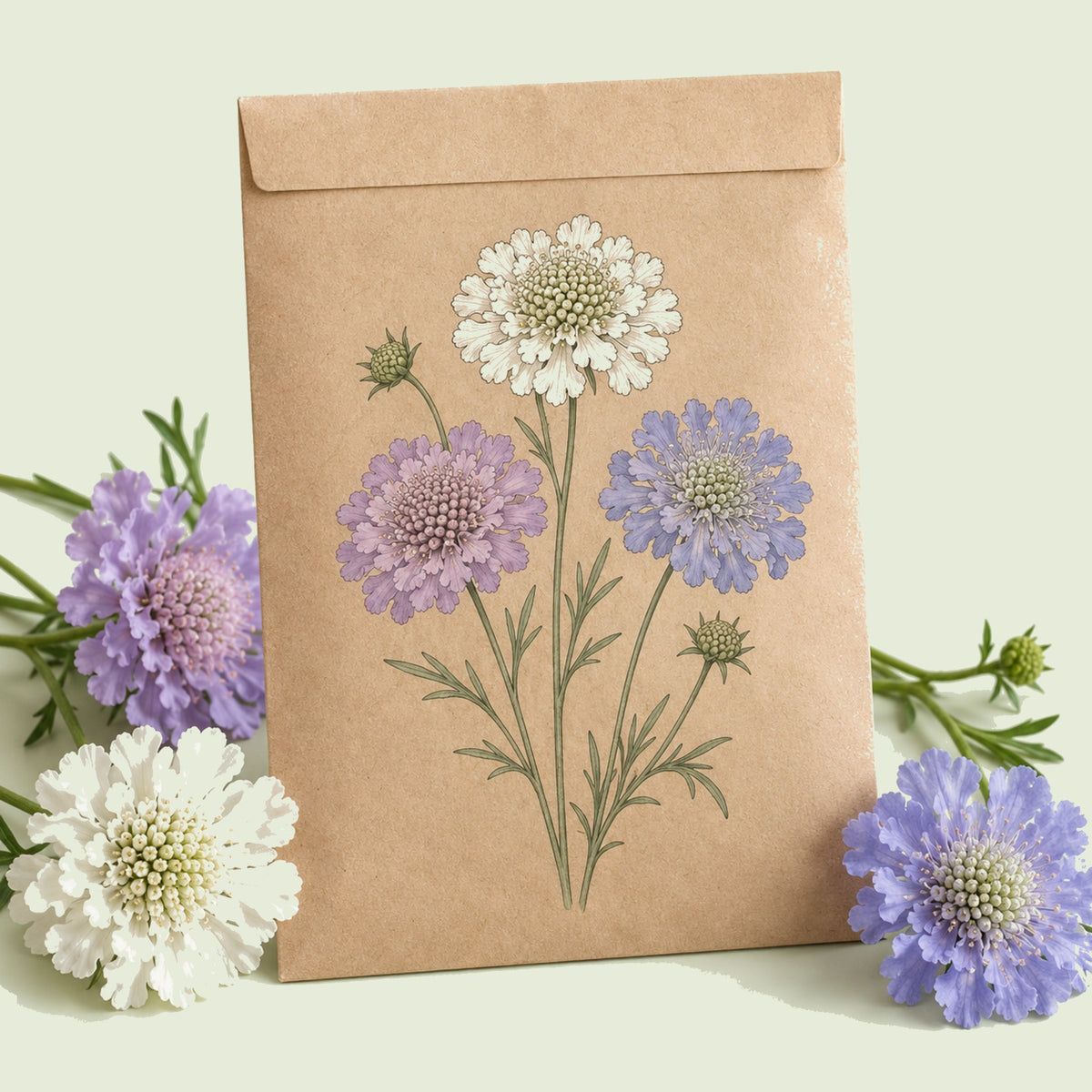 Kraft seed packet illustrated with Isaac House Pincushion Flower Mix, with fresh Isaac House Pincushion Flower Mix beside it
