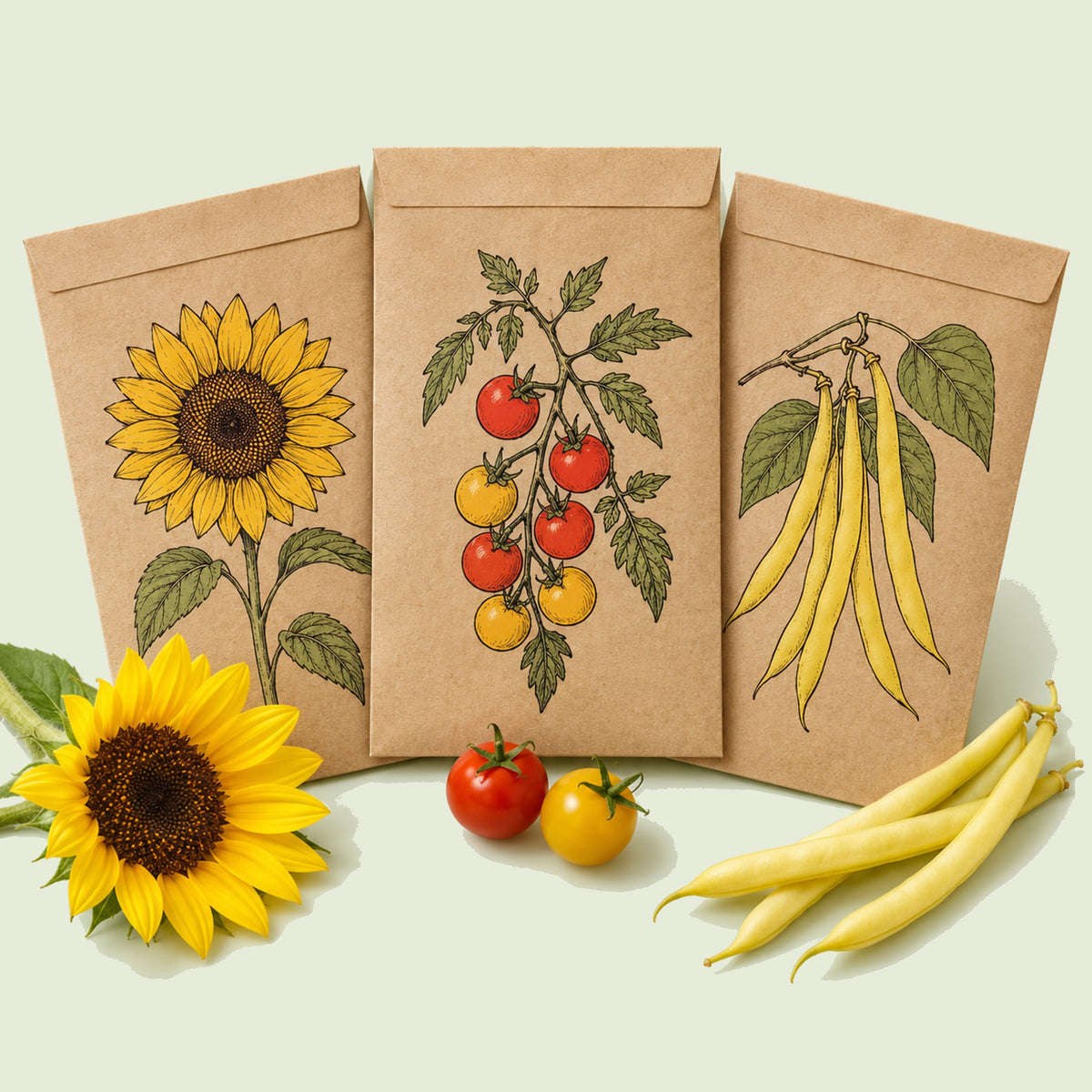Kraft seed packet illustrated with Kids First Garden Seed Bundle, with fresh Kids First Garden Seed Bundle beside it