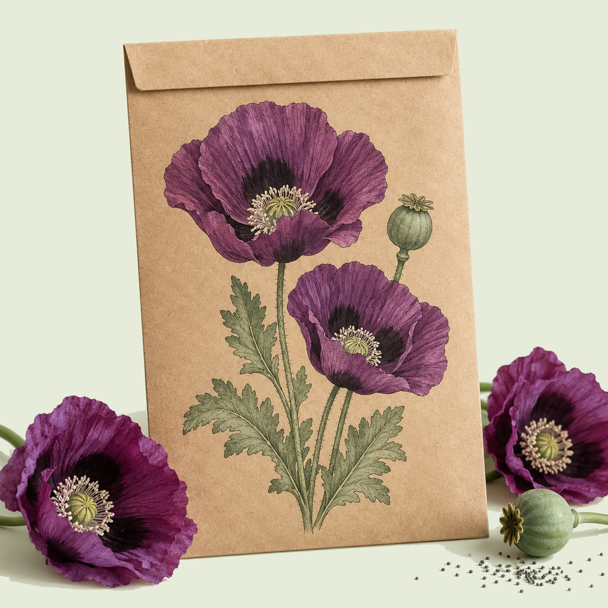 Kraft seed packet illustrated with Laurens Grape Purple Poppy, with fresh Laurens Grape Purple Poppy beside it