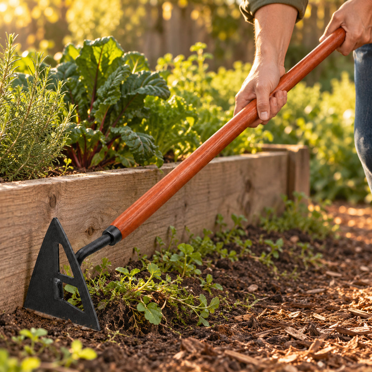 Long-Handle Garden Bed Hoe in use in a home garden