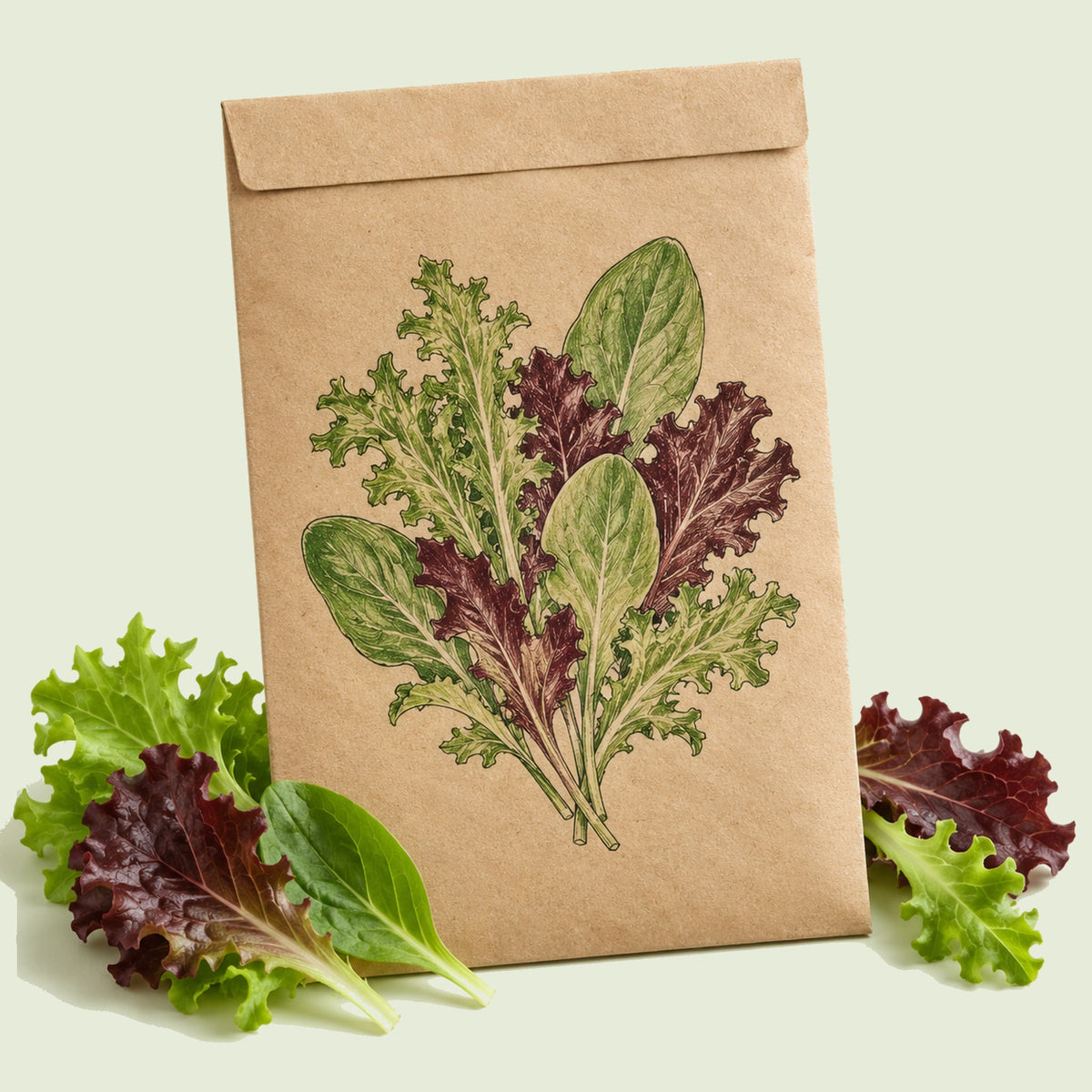 Kraft seed packet illustrated with Mesclun Six Lettuce Blend, with fresh Mesclun Six Lettuce Blend beside it
