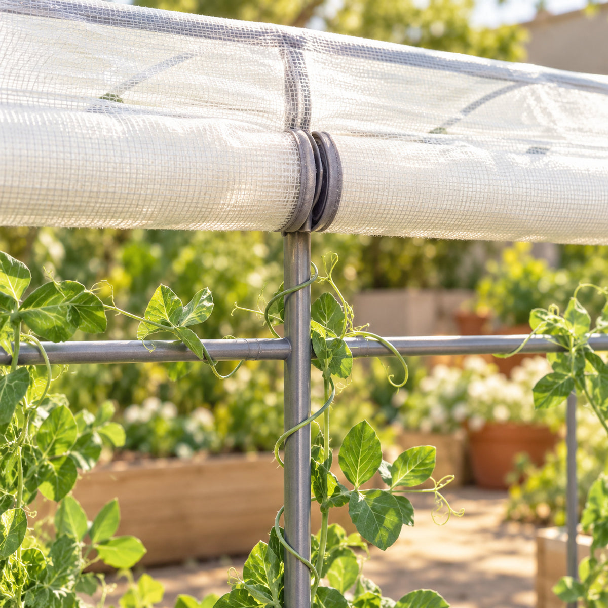 Mesh Cover and Trellis for Rolling Garden Bed detail