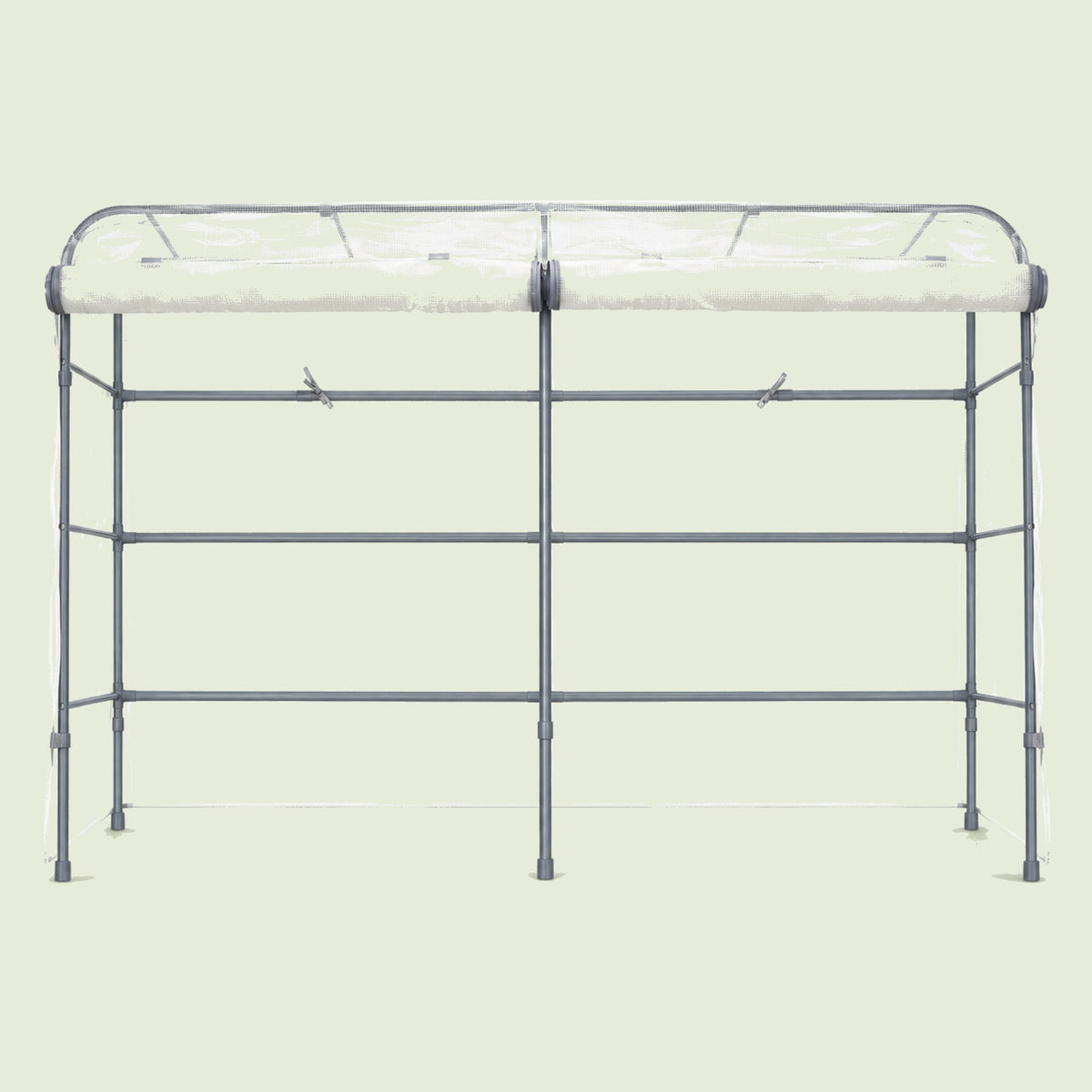 Mesh Cover and Trellis for Rolling Garden Bed on a soft green background
