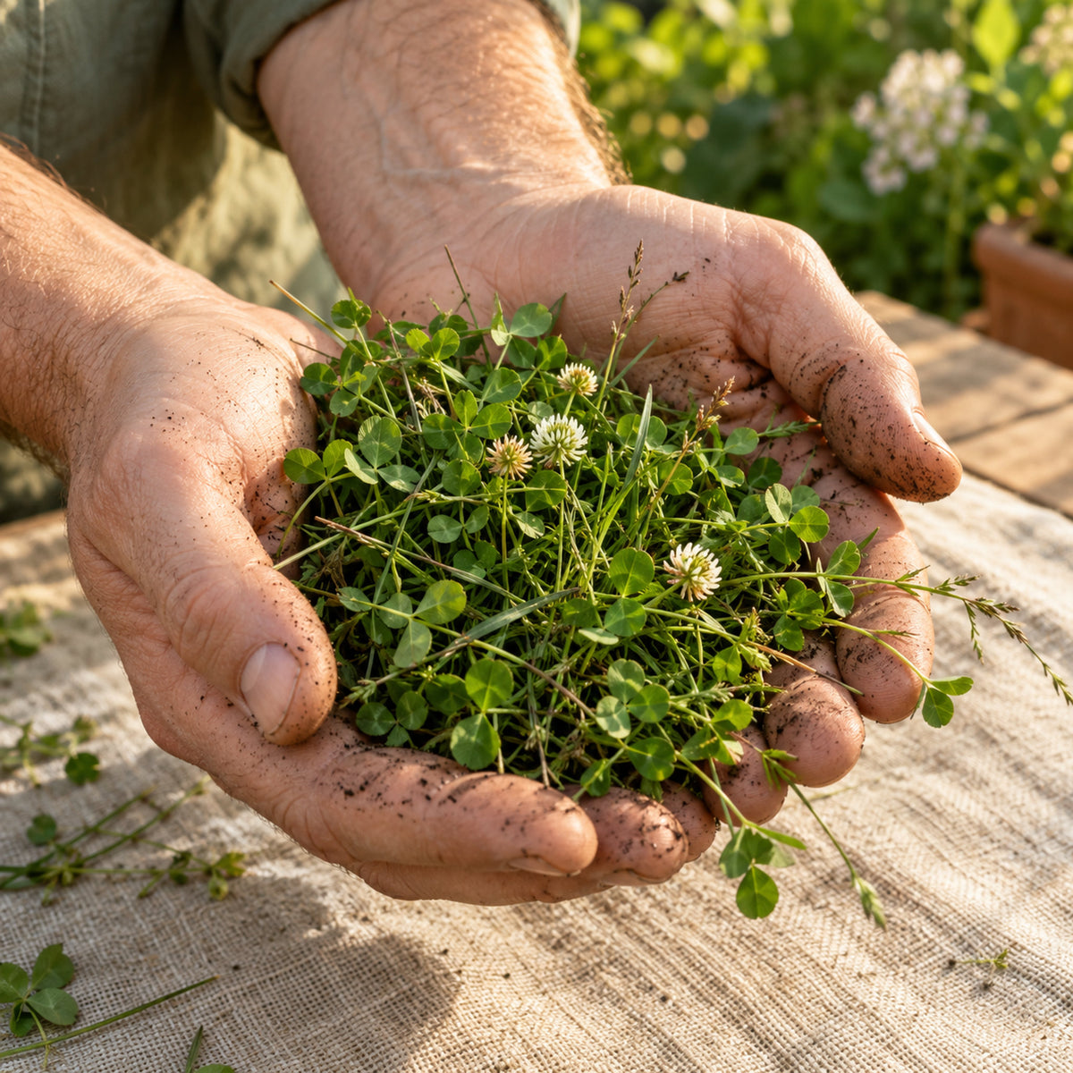 Microclover and Fescue Lawn Mix Seed Shaker harvest up close