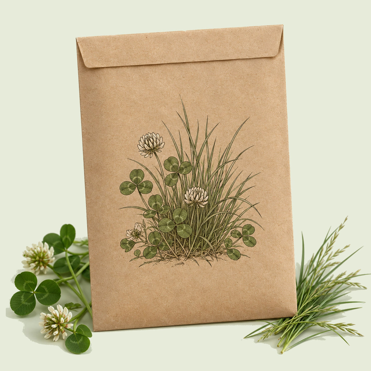 Kraft seed packet illustrated with Microclover and Fescue Lawn Mix Seed Shaker, with fresh Microclover and Fescue Lawn Mix Seed Shaker beside it