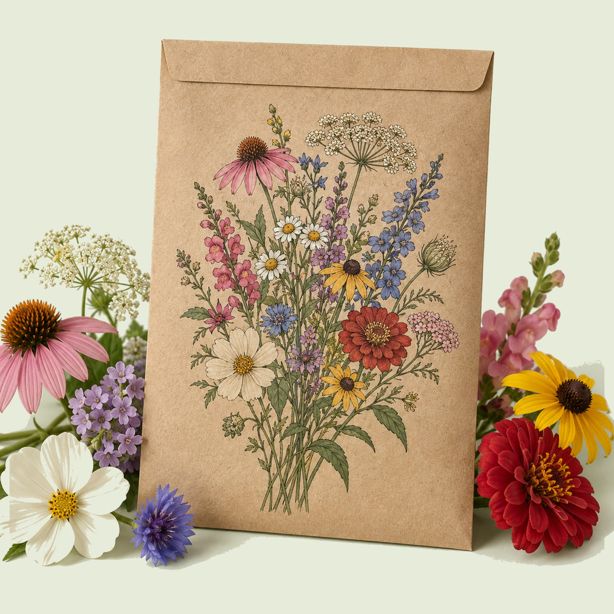 Kraft seed packet illustrated with Midwest Prairie Flower Mix Seed Shaker, with fresh Midwest Prairie Flower Mix Seed Shaker beside it