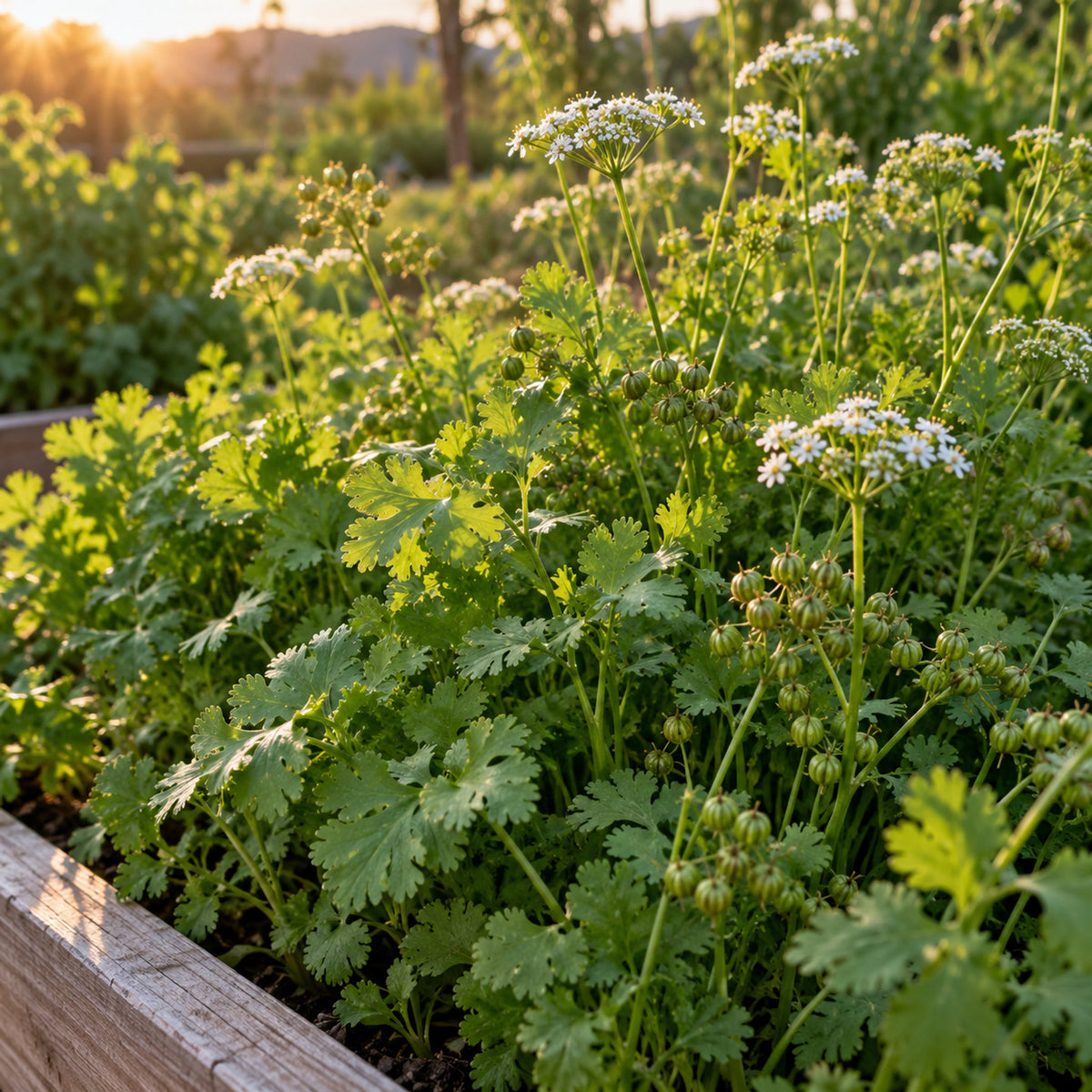 Moroccan Cilantro and Coriander Seeds growing in a home garden