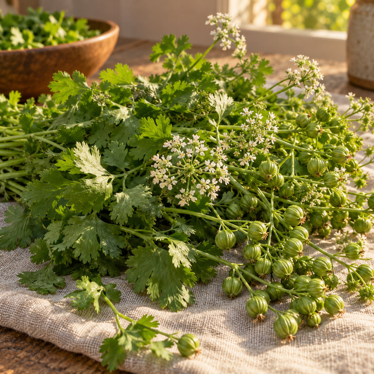 Moroccan Cilantro and Coriander Seeds harvest up close